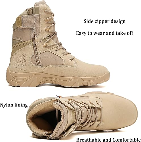 Miniatura 4 de Botas tácticas para hombre, botas de combate de 8 pulgadas, botas de trabajo para hombres, duraderas con cremallera lateral, botas militares de