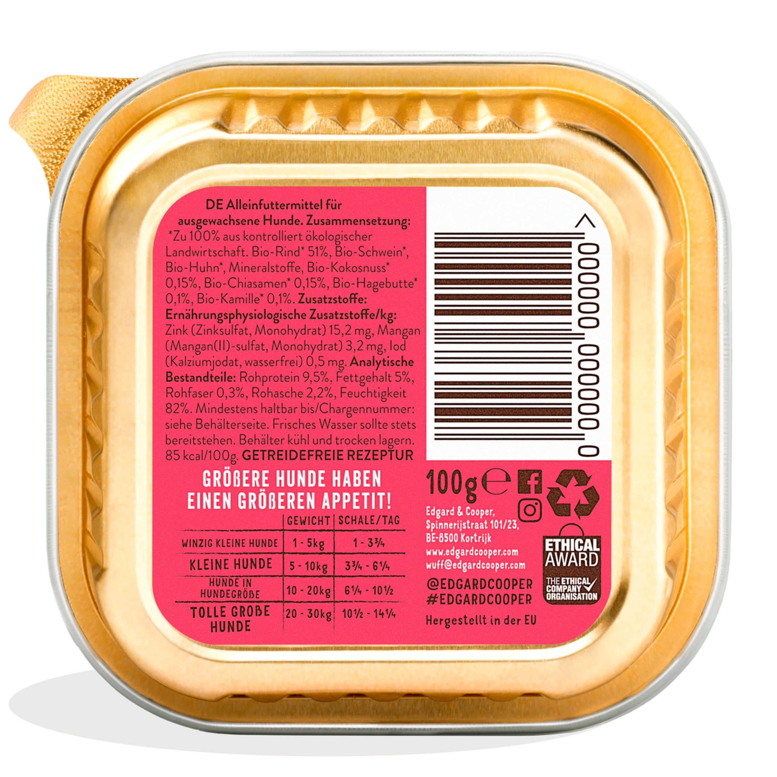 Edgard & Cooper Natürliches Nassfutter für Hunde – Getreidefrei, proteinreich und gesund (Bio-Rindfleisch, 100 g (17er-Pack)