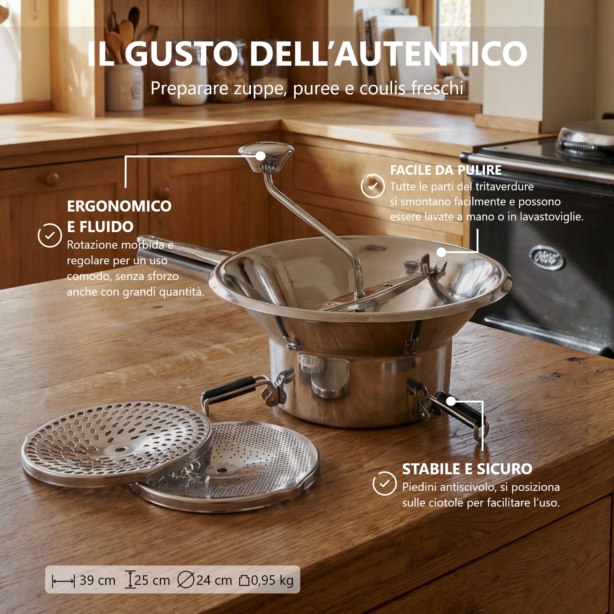 La Bonne Graine - Moulin Passa-Verdure Ø 24 cm in Acciaio Inox – 3 Griglie Intercambiabili – Passapuré, Soupe, Purè