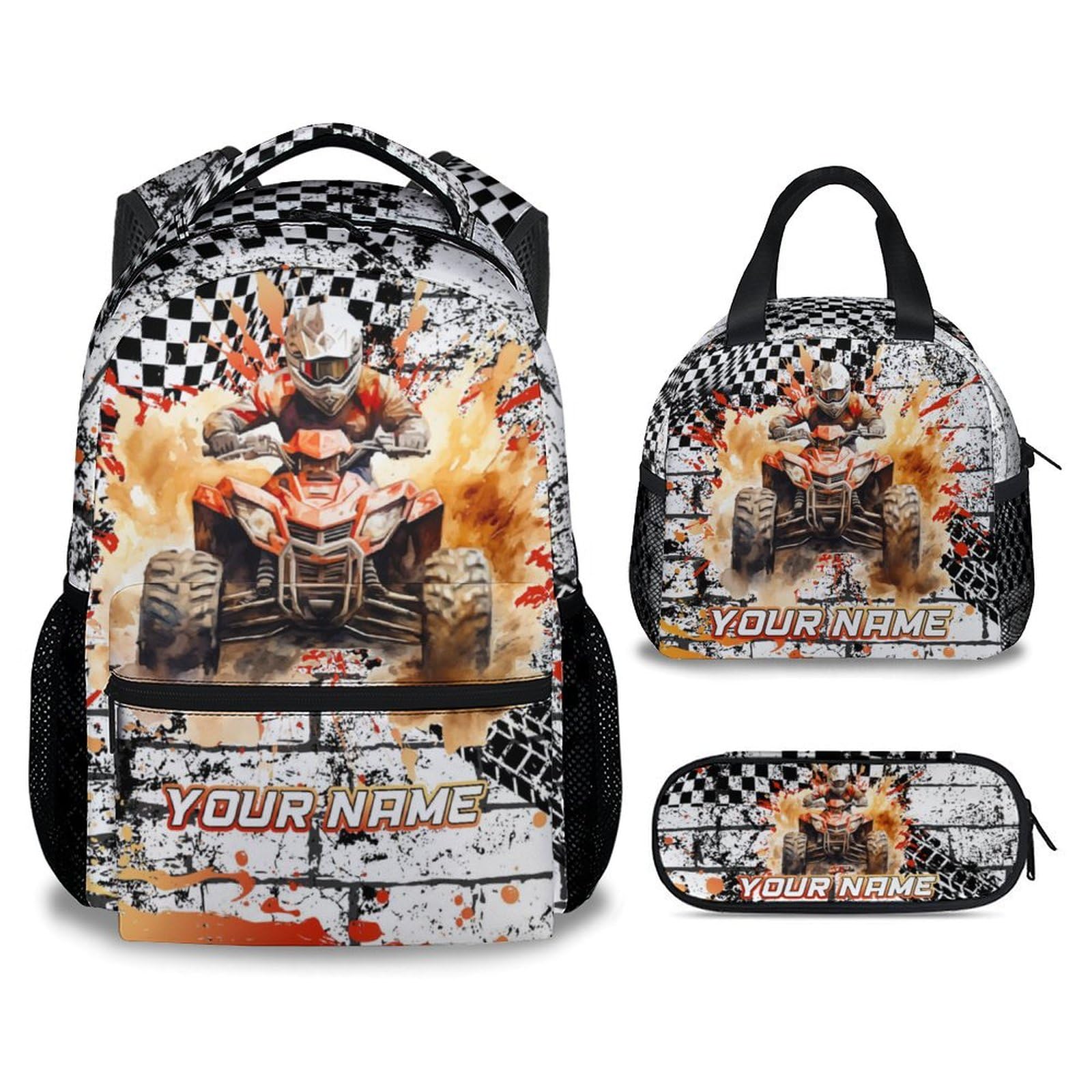 NICEFORNICE Custom Backpack and Lunch Box Set for Kids, Dirt Bike Kindergarten Backpacks Matching Combo for Teens, Funny Bookbag Lunchbag and Pencil