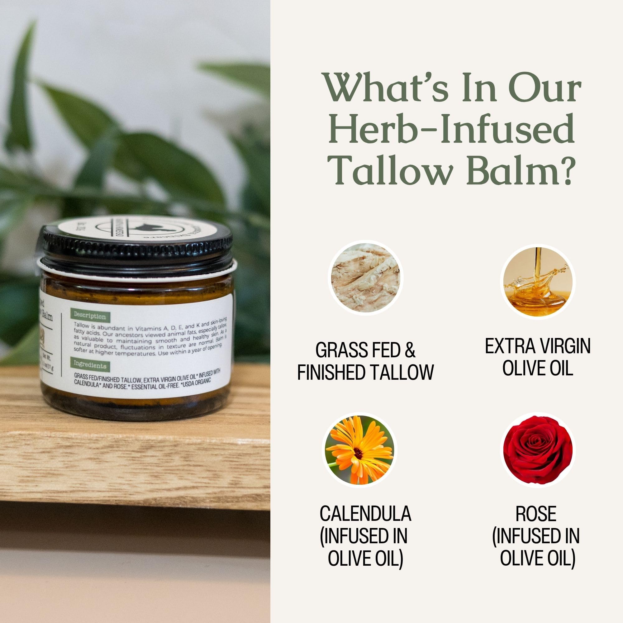 Hearth and Homestead: Bálsamo de sebo batido hecho a mano (sin perfume/infusión de hierbas), mantequilla corporal orgánica con aceite de oliva infundido, para eccema, rosácea, bebé, 1.3 onzas