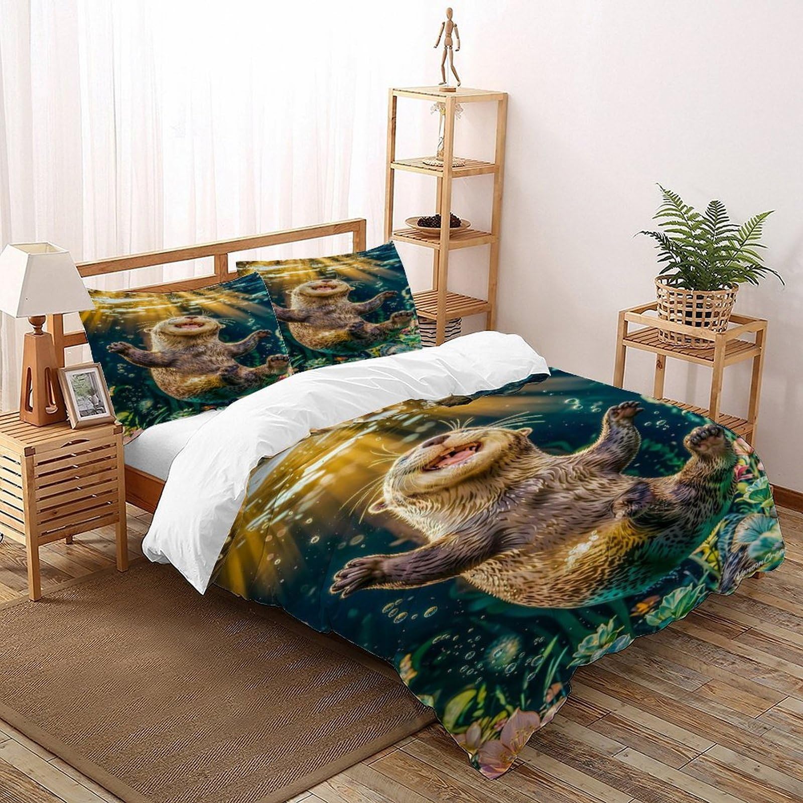 Otter Aquatic Bedding Set 3 Pieces 3D Digital Printing Animal Themes Marine Animals Duvet Cover Set Chic Breathable Comforter Cover Girl Woman with Pillowcase Double（200x200cm）