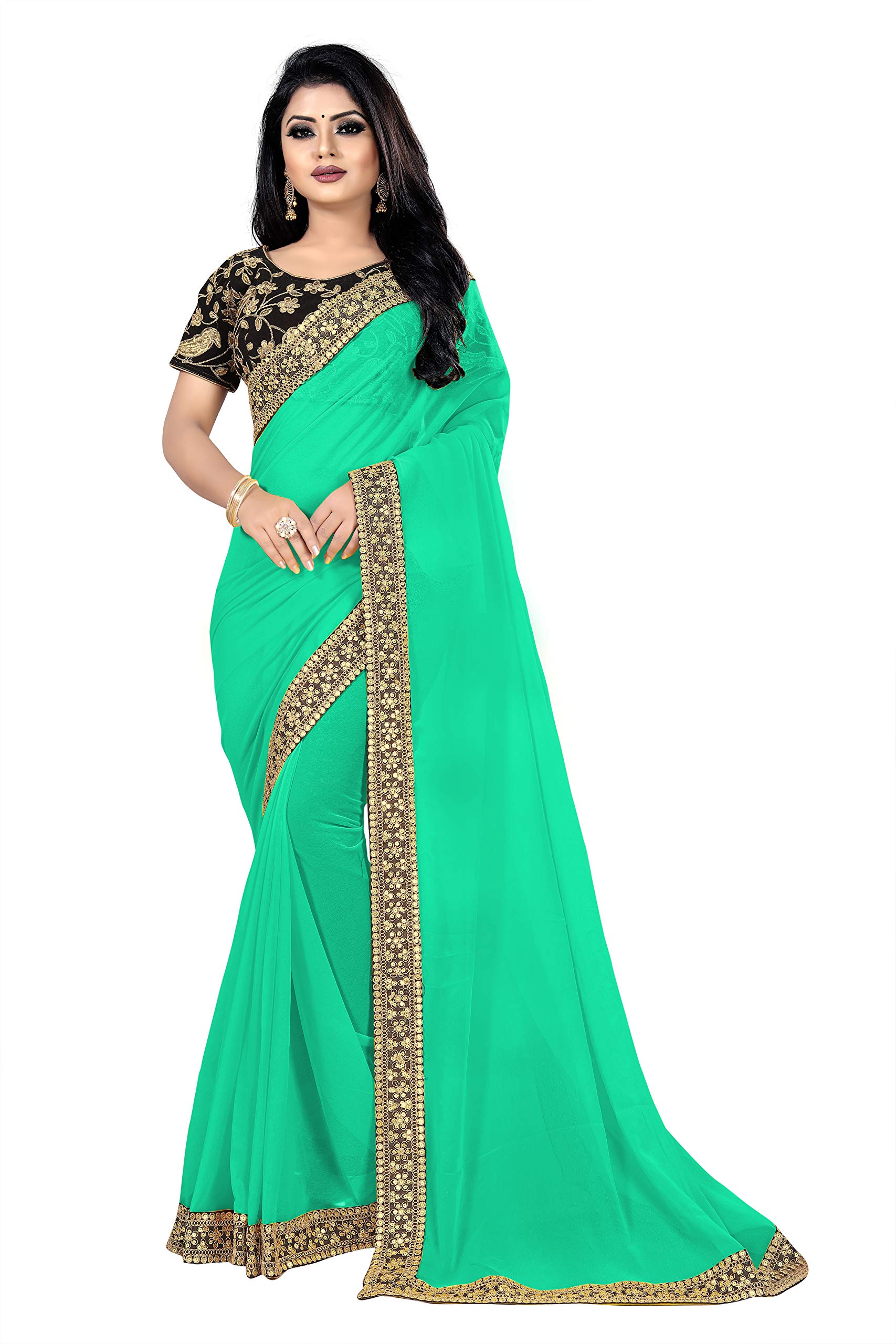 KFHubSaree for Women Indian Ethnic Designer Sari Georgette Embroidered Sequence Traditional Festival Wedding Party Wear Sarees with Blouse (Sky Blue, Unstitch Blouse)