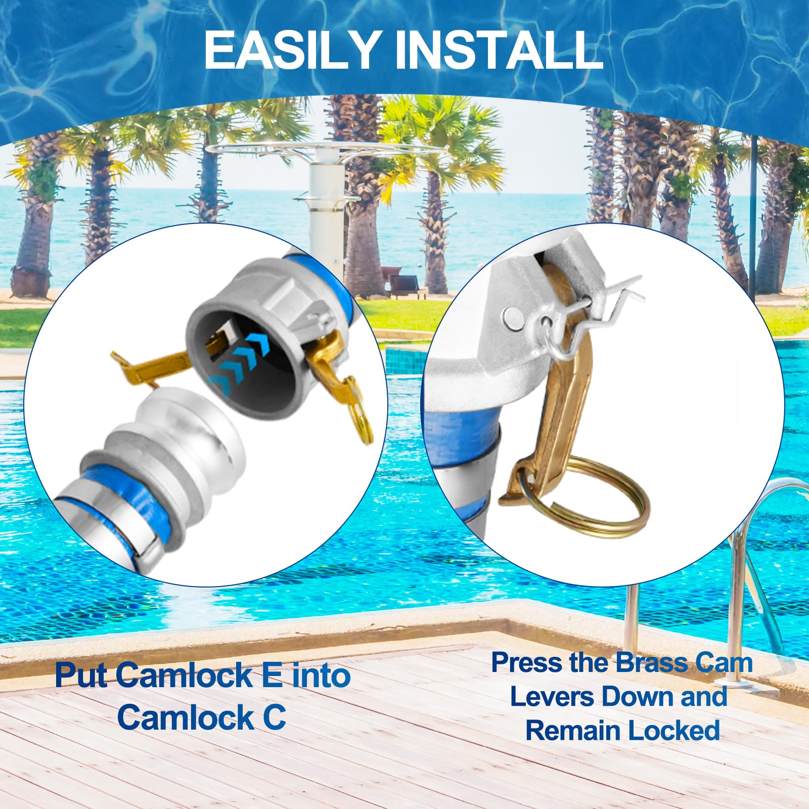 Manguera de retrolavado de 2 pulgadas x 100 pies para piscinas, manguera de descarga plana de PVC resistente, manguera de drenaje de piscina duradera con accesorios Camlock C y E de aluminio para