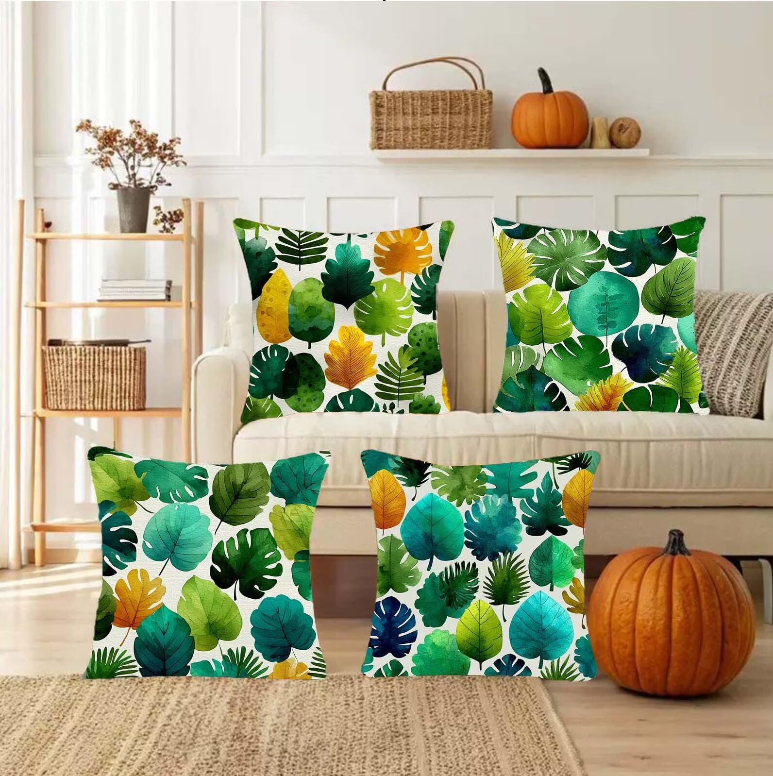 Outdoor Kissen Wasserdicht Blätter Grün, Kissenbezug 80x80 (4er Set Kissenbezüge), Dekor Kissenbezüge Weich Dekokissen Modern Verstecktem Reißverschluss Leinen Kissenhülle Sofakissen Wohnzimmer s-554