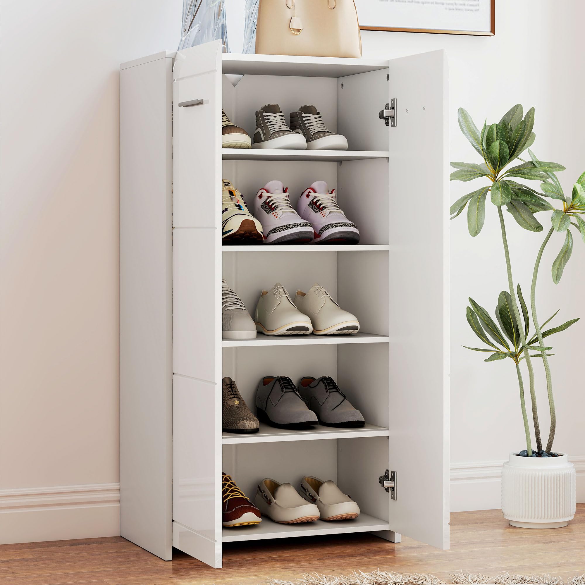 HOMCOM Scarpiera Ingresso con 5 Ripiani, Scarpiera Armadio Moderno a 2 Ante con Ripiani Regolabili Rimovibili, Porta Scarpe Salvaspazio per 10 Paia per Corridoio, 55x36x108 cm, Bianco Lucido