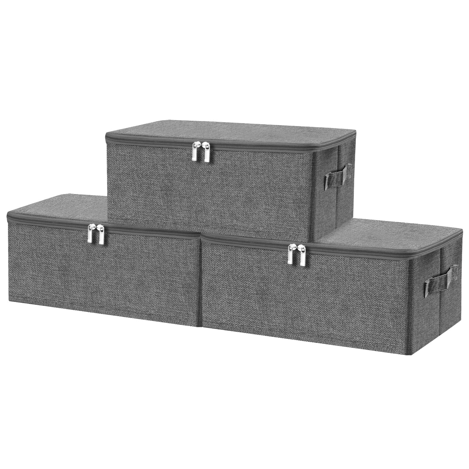 ANMINY - Caja de almacenamiento con tapas y asas dobles con cremallera, tela de lino y algodón con tapa, 3 paquetes