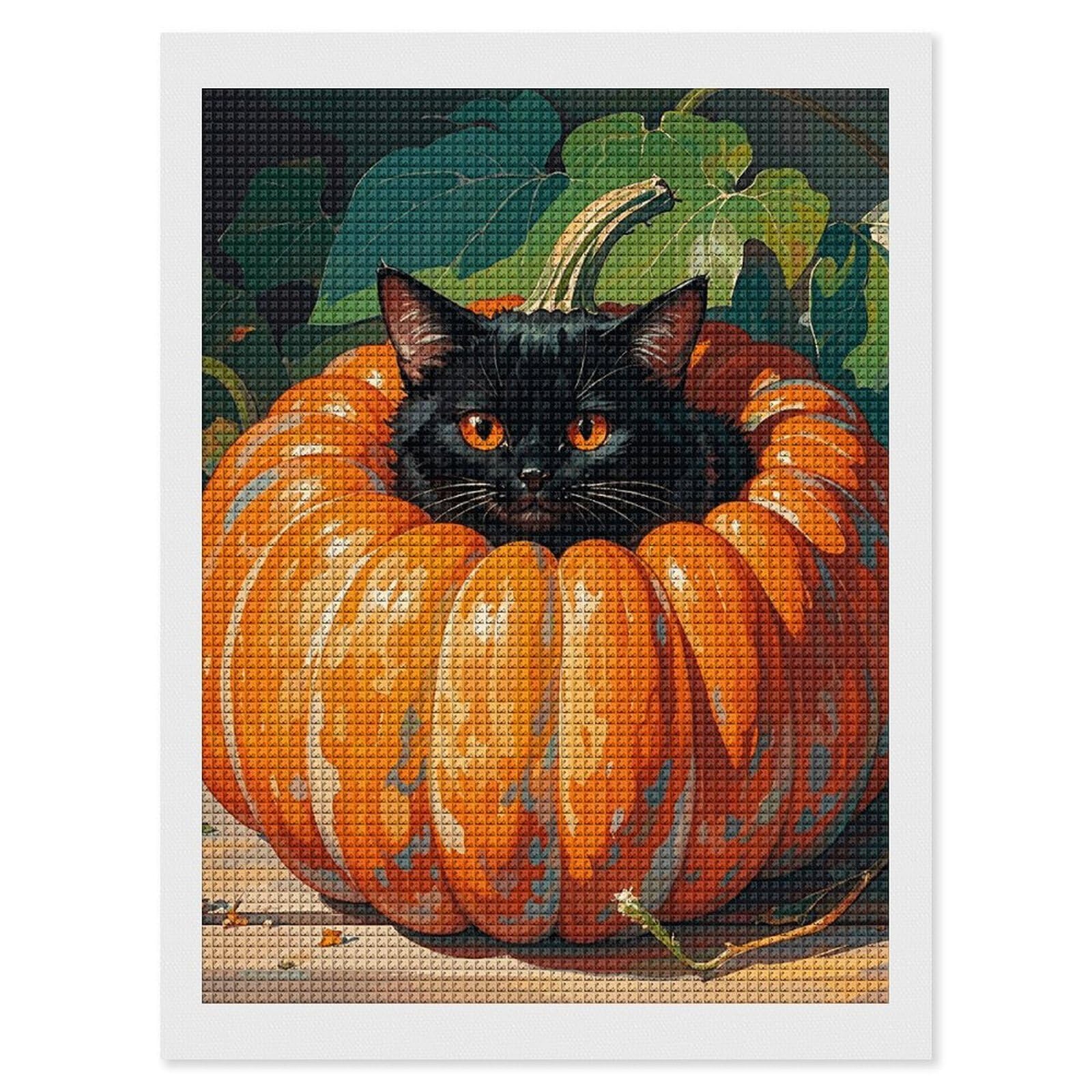 FodPand Retro Black Cat Pumpkin 5D Diamond Painting Kits for Adults Beginners Full Drill Square Diamond Dots Pictures Gem Art Supplies for Home Wall Room Decoration DIY Craft Set Gift 12x16