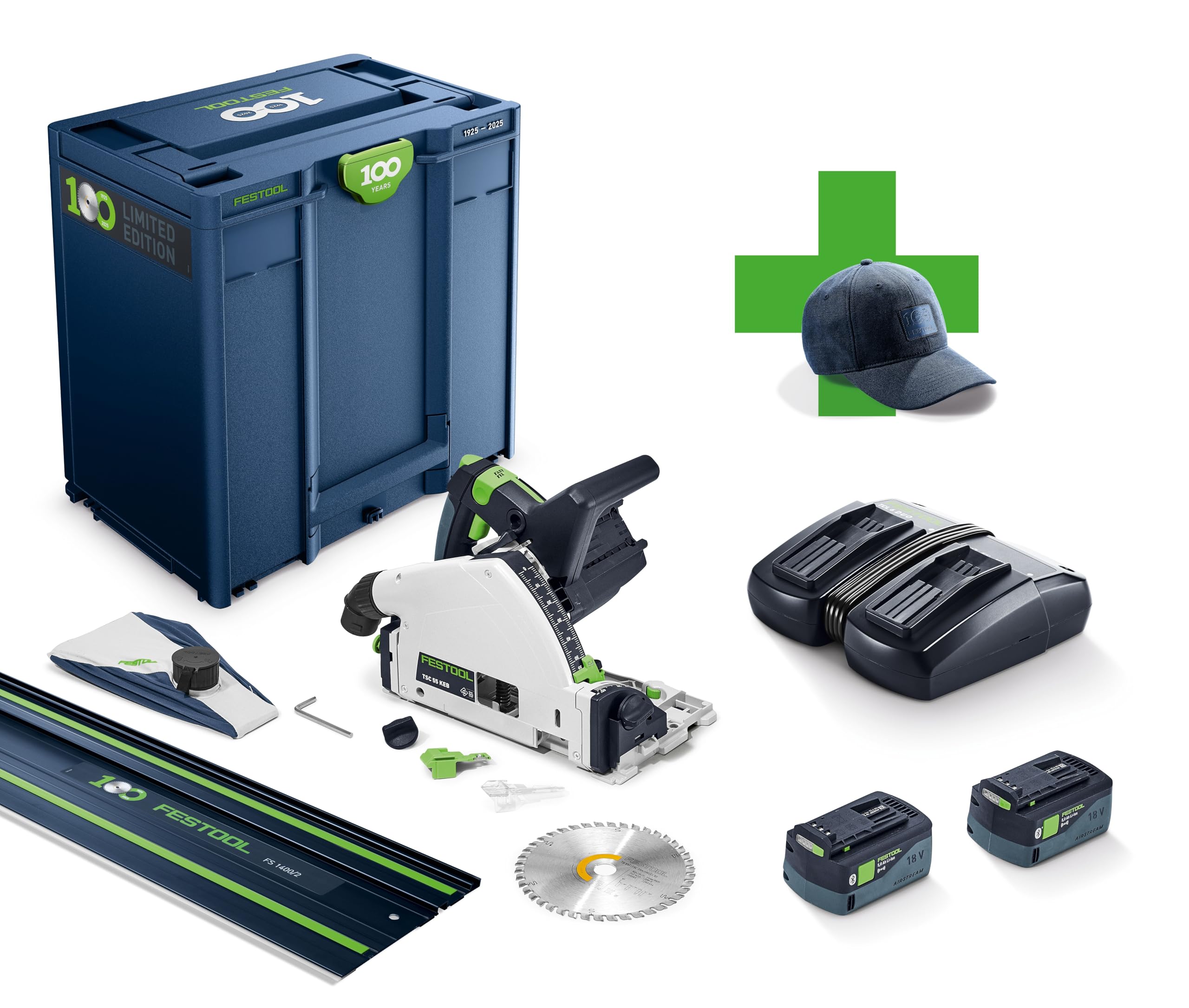Festool TSC 55 KEBI-Plus/XL-FS 100Y Akku-Tauchsäge 5,0 Ah Akkus Schnellladegerät Führungsschiene FS 1400/2 Kreissägeblatt Systainer M 437