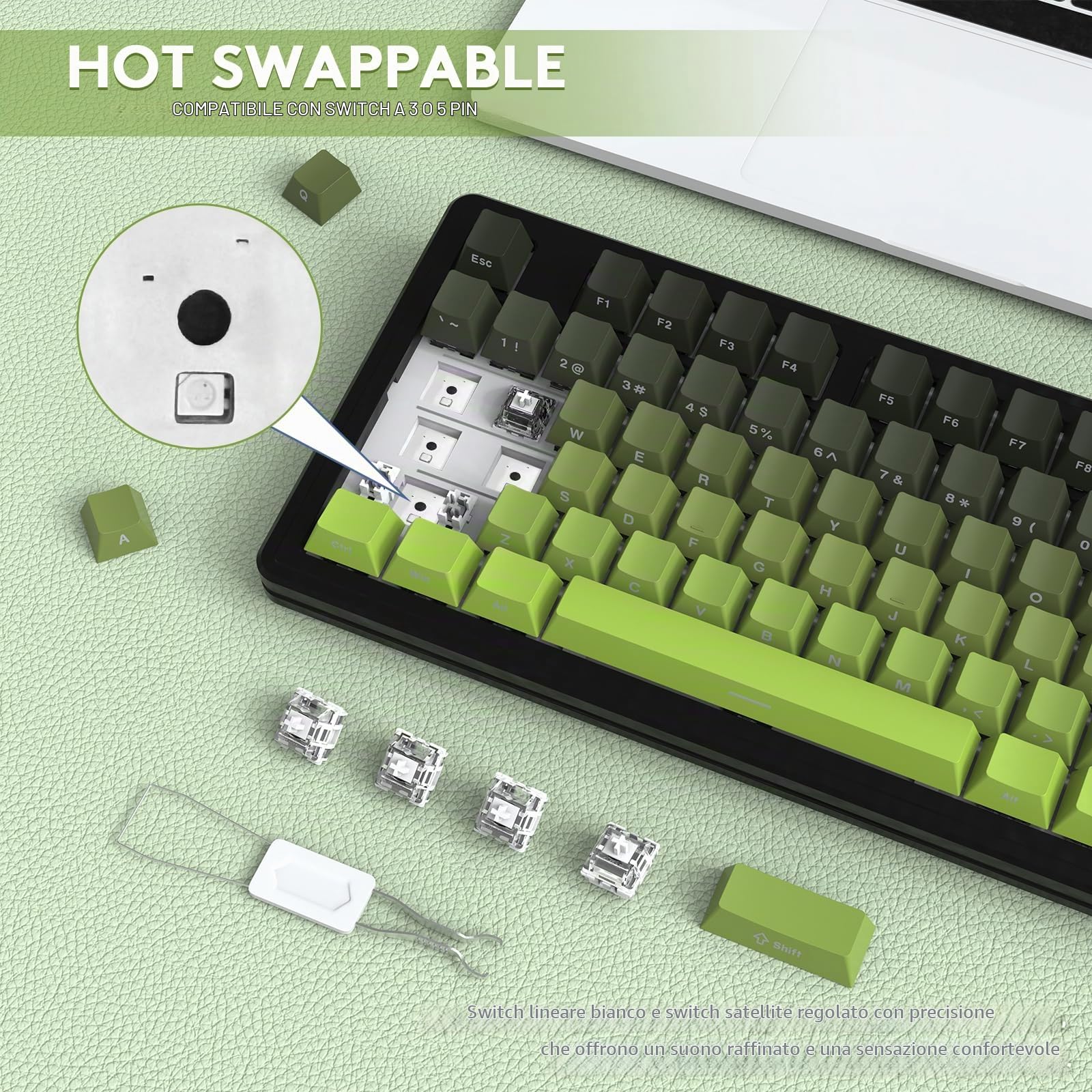 LexonElec x ATTACK SHARK M87 Tastiera da Gioco Wireless 75%, BT5.0/2,4GHz/Cablata, 27 RGB Backlit, Tastiera Meccanica TKL, Hot-swap Linear Switch, QWERTY Copritasti PBT con Stampa Sfumato-Nero/Verde