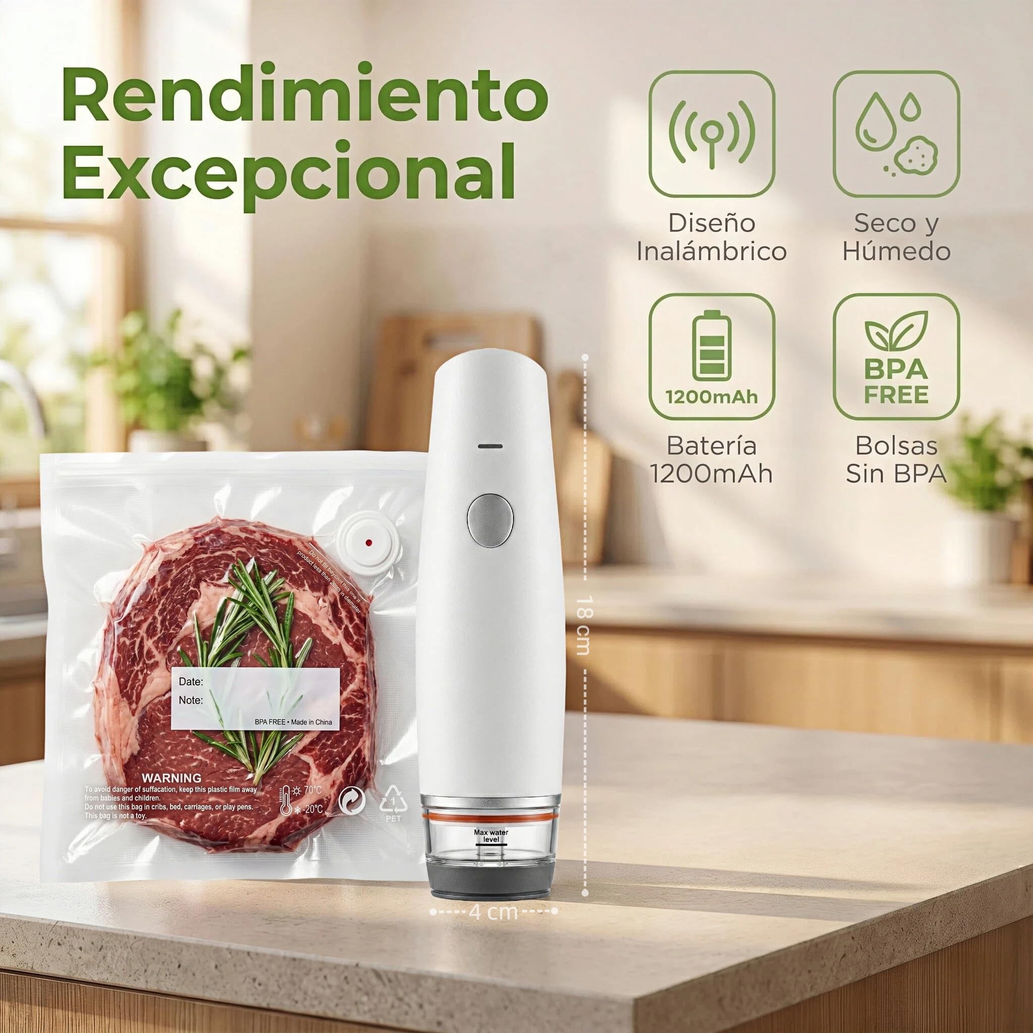 Envasadora al Vacío de Mano Inalámbrica USB-C con Depósito Visible
