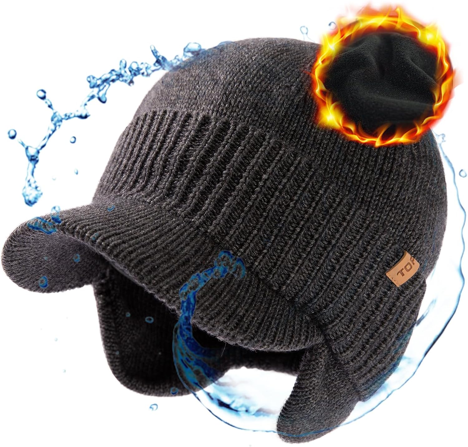 TOP-EX L/XL/XXL Unisex 80% Merino Wool Waterproof Brim Beanie Hats with Ear Flaps Fleece Lined for All Weather TOP-EX L/XL/XXL Unisex 80% Merino Wool Waterproof Brim Beanie Hats with Ear Flaps Fleece Lined for All Weather