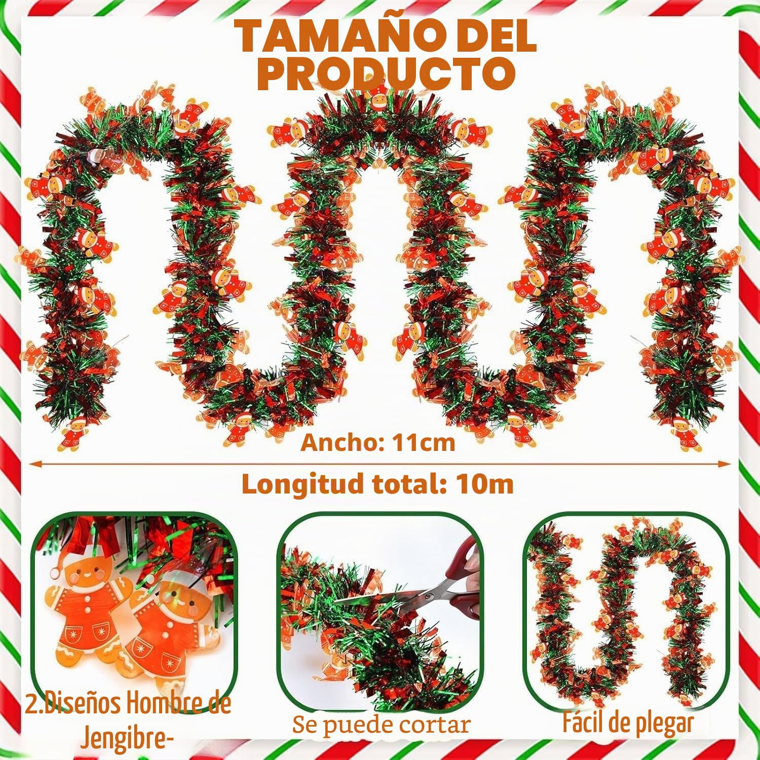 LATERN 10M Guirnalda Navideña de Oropel con Hombre de Jengibre, Rojo Verde Espumillón Metálico Guirnalda Gruesa Brillante para Árbol de Navidad Invierno Boda Cumpleaños Día Festivo Fiesta Decoración