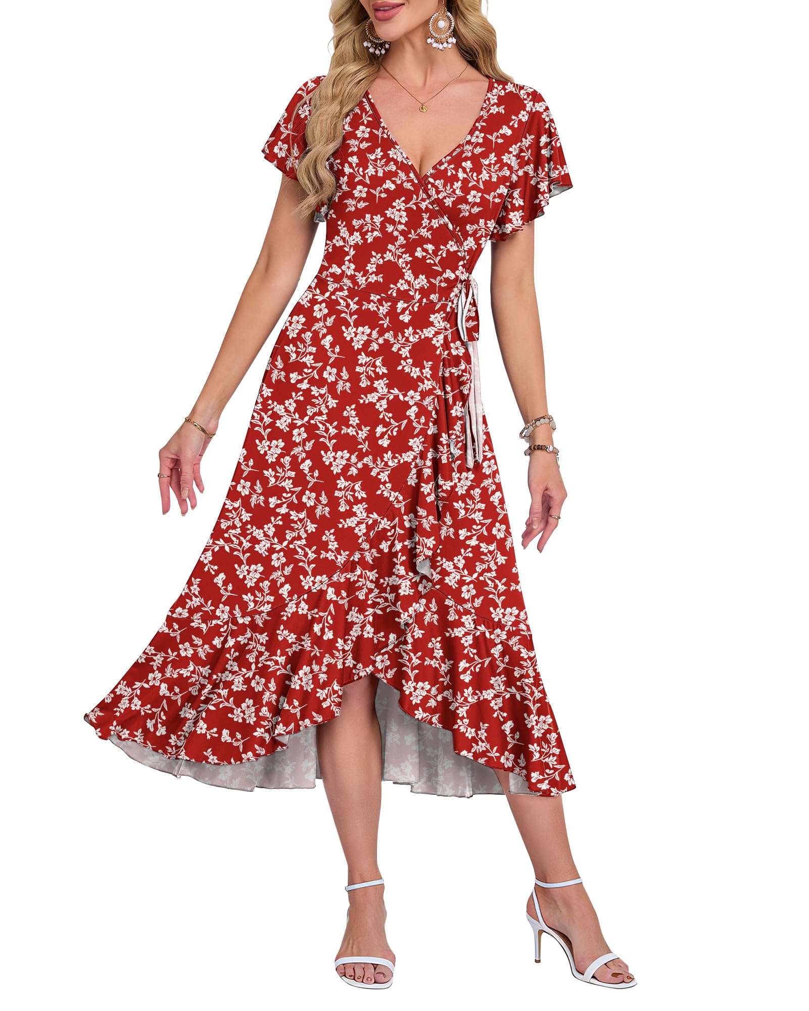 AUSELILY Summer Dresses for Women UK Midi Wrap Beach Casual V-Neck Short Sleeve Slit Ruffle Dress for Cocktail Wedding Guest