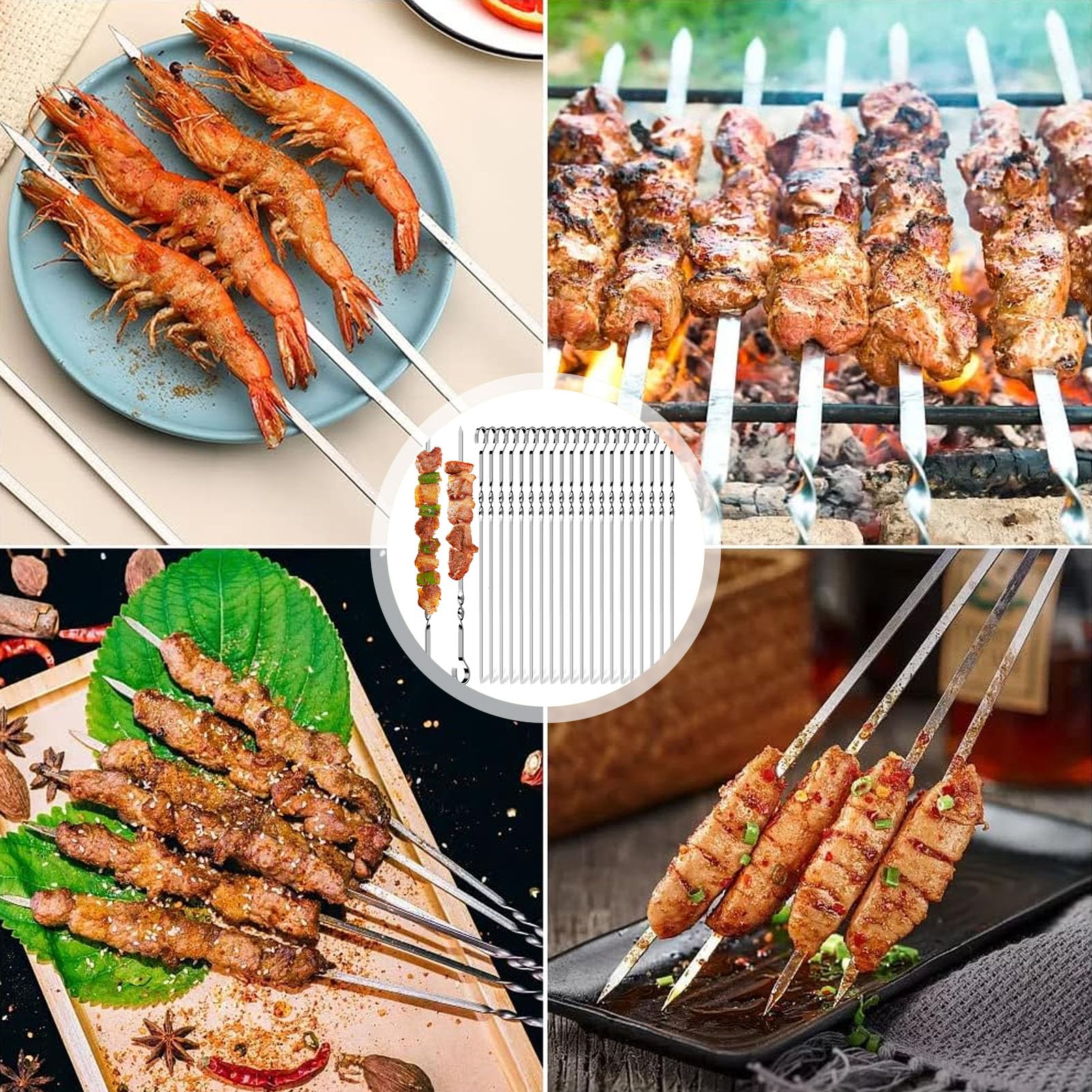 20 Brochettes Barbecue Acier Inoxydable - Réutilisables, Lavables Lave-vaisselle | Pour Viandes Et Légumes