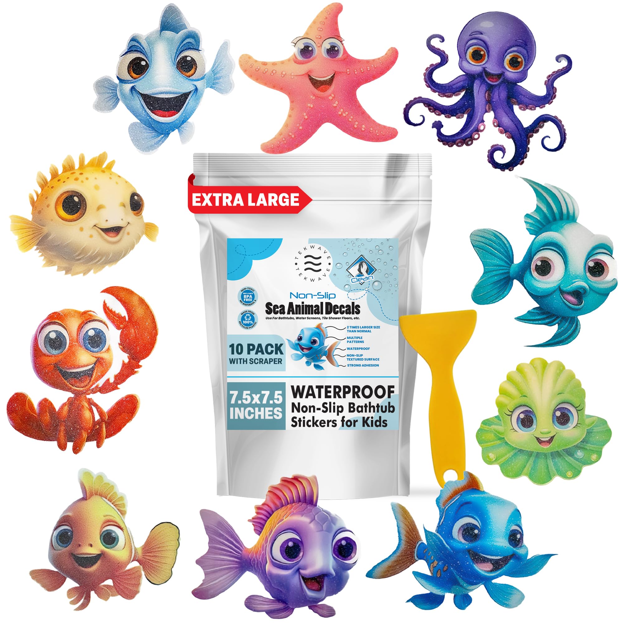 Extra Large 7.5 X 7.5 INCH Non Slip Bathtub Stickers for Kids, Bathtub Stickers with Scraper, Anti Slip Bath Tub Shower Decal with Adhesive Back, Bath Stickers for Toddlers (Pack of 10)