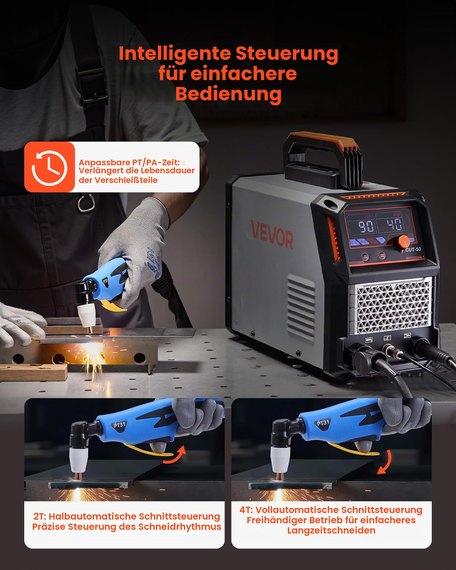 VEVOR Plasmaschneider, 50A Plasmaschneidgerät, Digitalanzeige IGBT Inverter-Schneidemaschine mit 2T/4T-Funktion & einstellbarer PA/PT-Zeit, Ideal für Heimreparaturen, Werkstätten