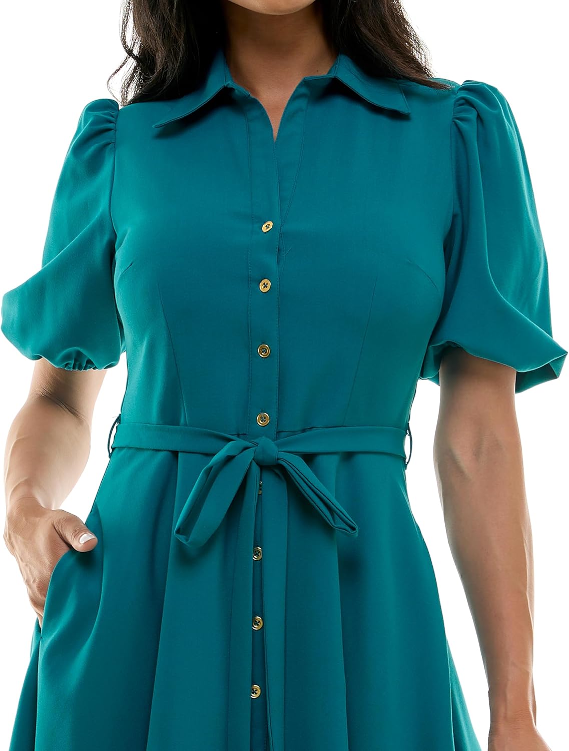 Sharagano Womens Sharkskin Button to Hem Shirtdress with a Blouson Sleeve, Pockets and Self Tie Belt - Image 5