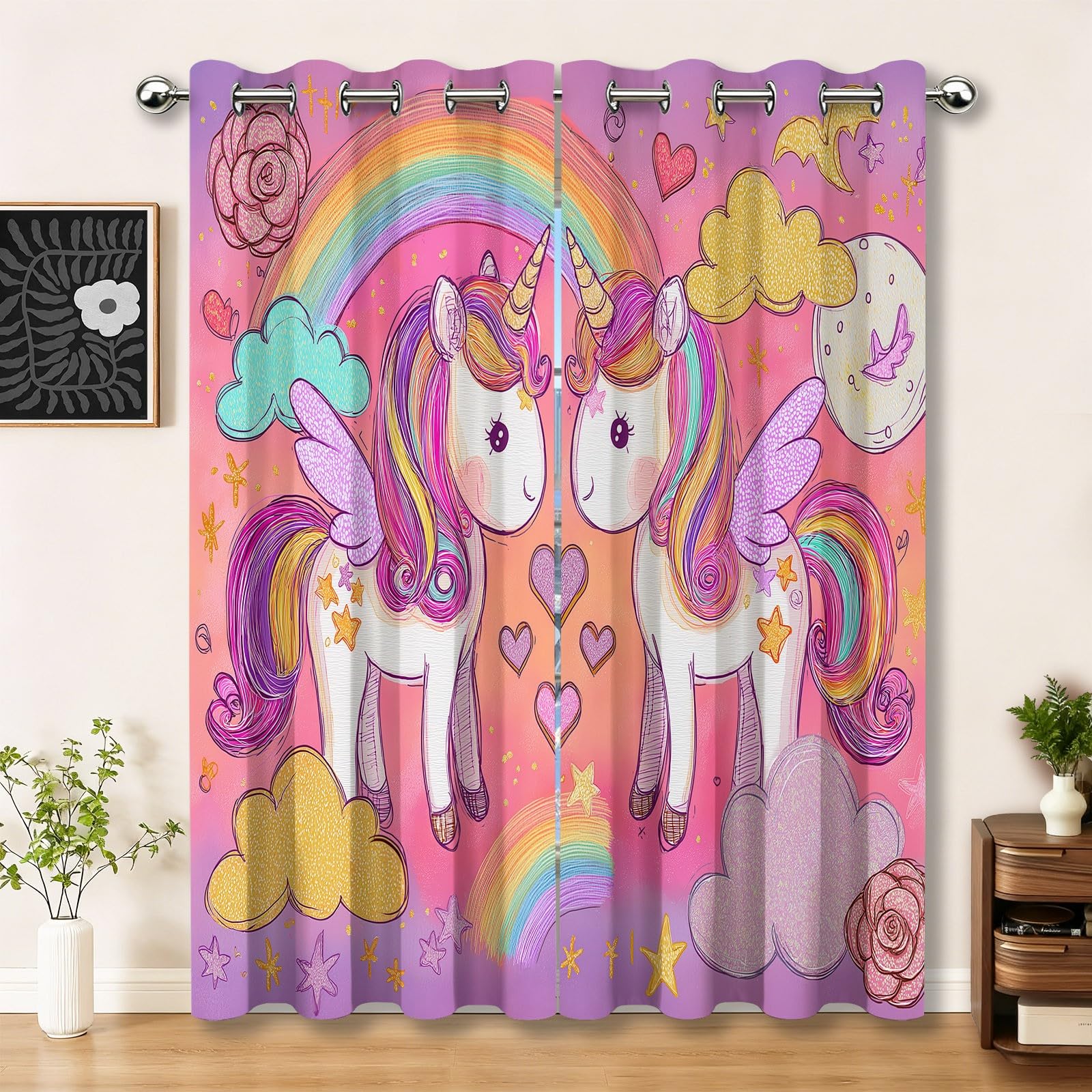 Générique Rideaux Licorne Style Aquarelle pour Chambre d'enfant, Lot de 2 Panneaux 70L X 180H cm - Rideaux Thermiques et Anti-Bruit à Oeillets pour Chambre et Salon Rose