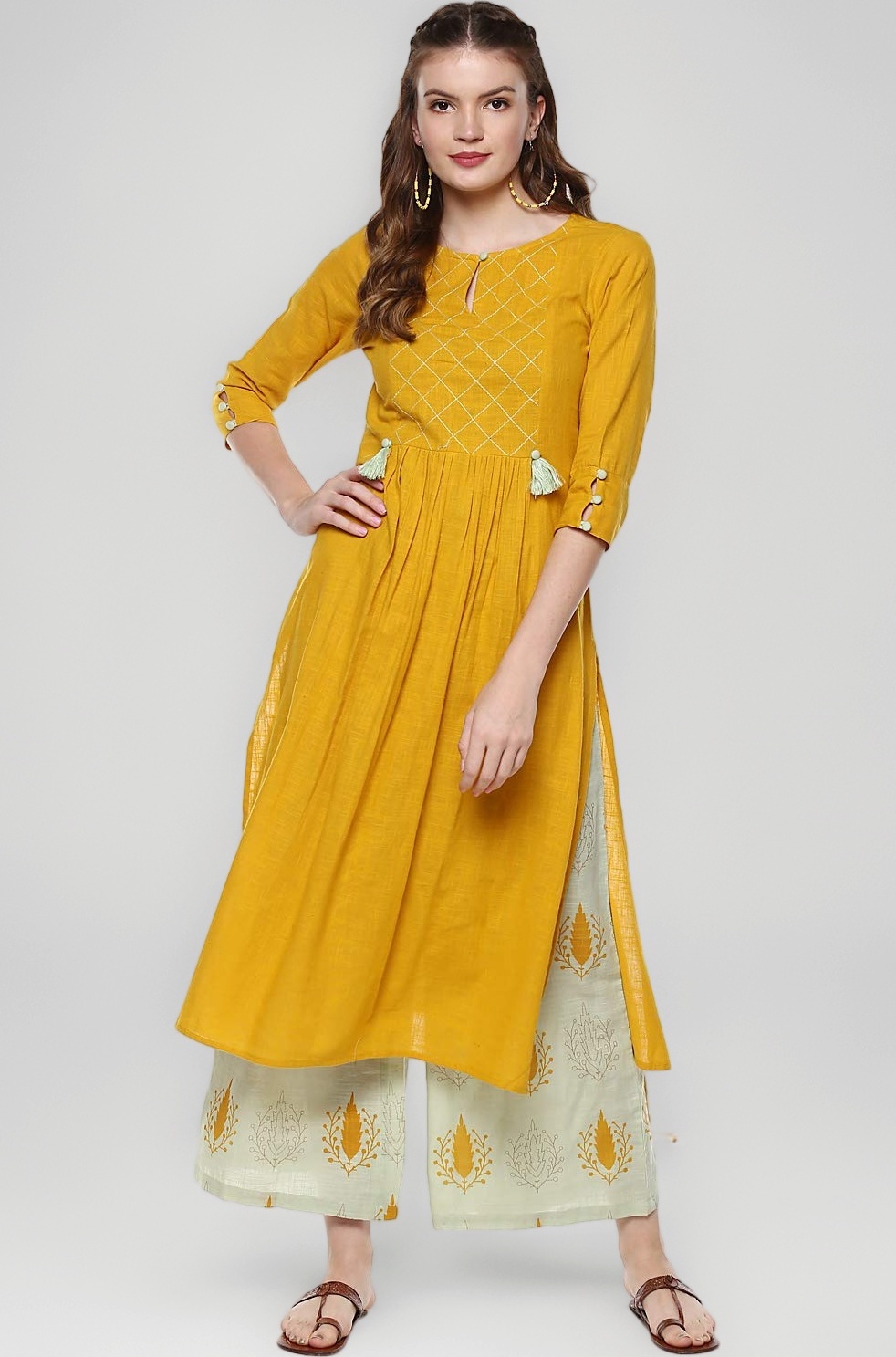 idaLia Straight 3/4 Sleeve, Round Neck Designer Cotton Kurta with Palazzo Pant Set