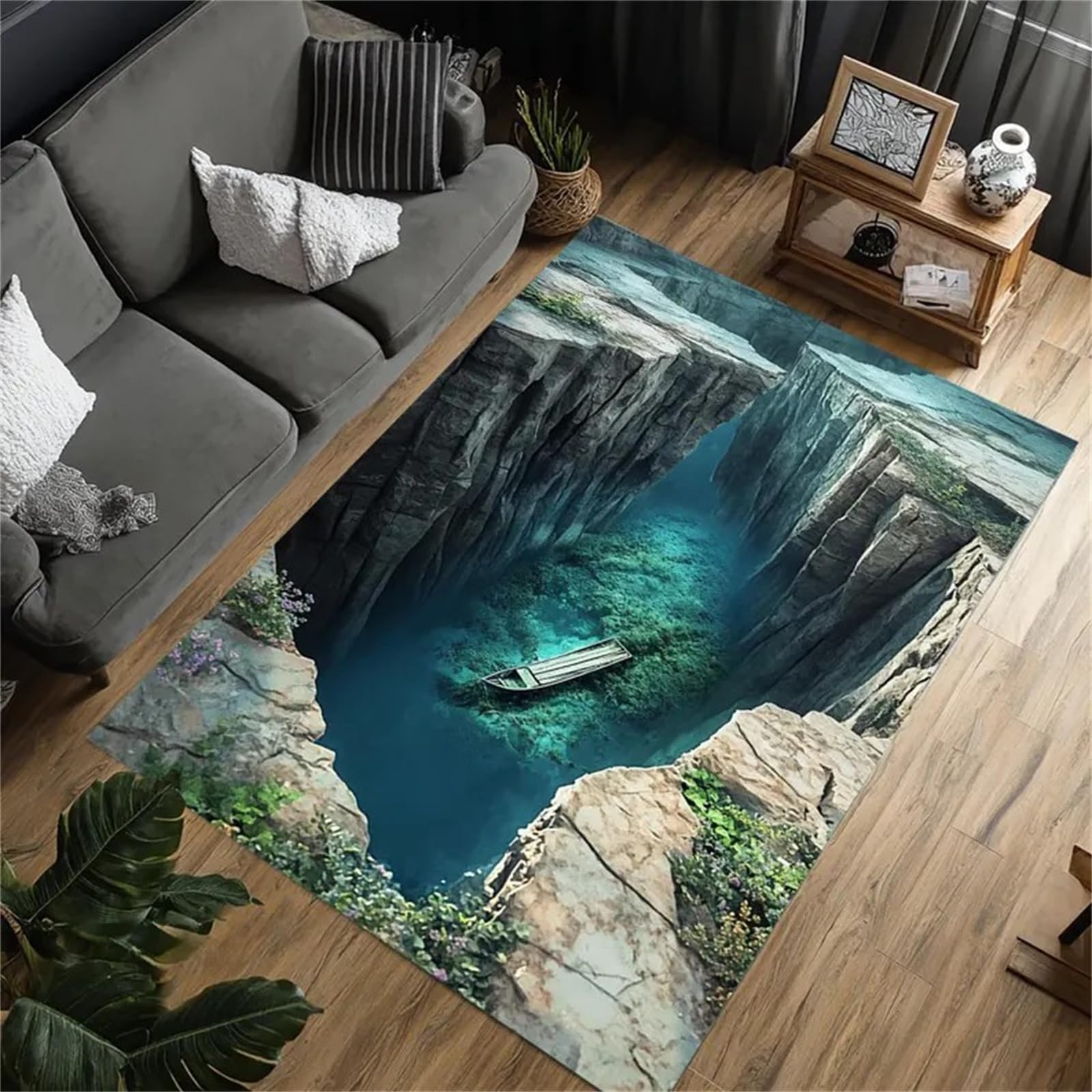 USHIRUG Optical Illusion Area Rug, 70x140cm Natural Landscape Canyon River Boat 3d Illusion Carpet, Non-Slip and Washable Indoor Decorative Carpet for Living Room, Bedroom, Dining Room, Bathroom