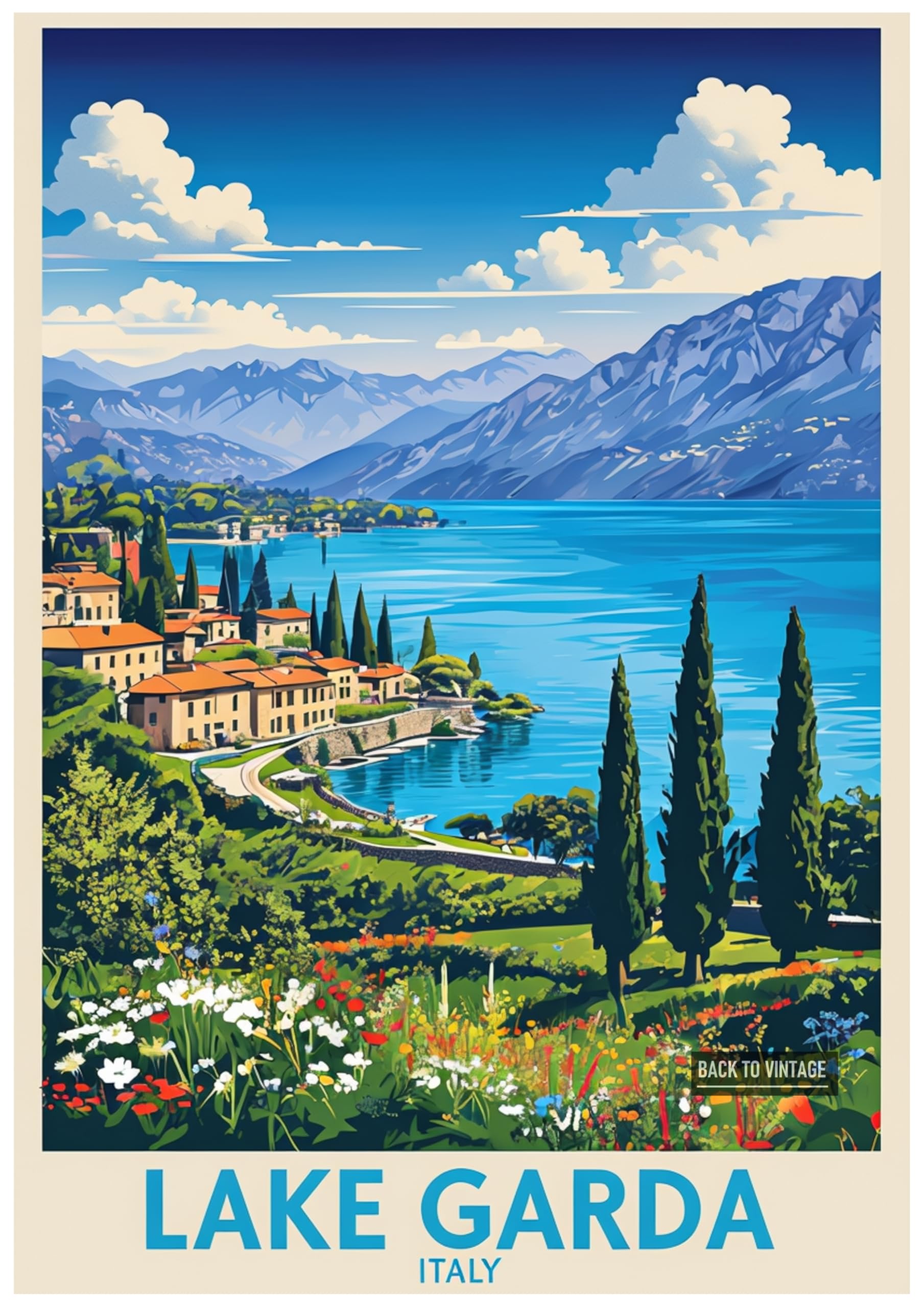 Vibrant Illustration Of Lake Garda With Colorful Landscape - Retro Europe Travel Poster A4 Size Vintage Wall Art Print of Famous European Destinations Ideal for Home or Office Decor