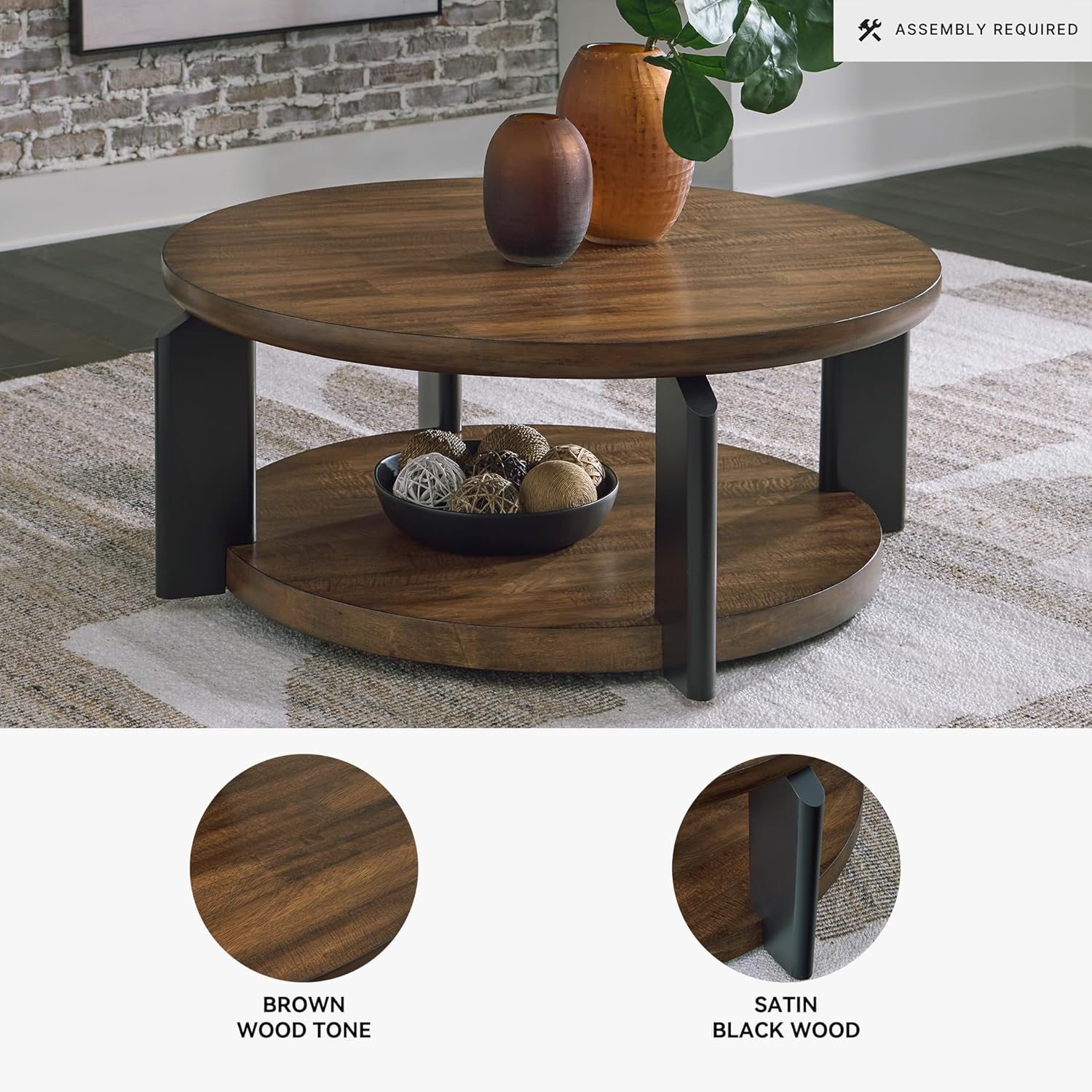Signature Design by Ashley Kraeburn Casual Coffee Table with Lower Open Shelf and Casters, Light Brown & Black