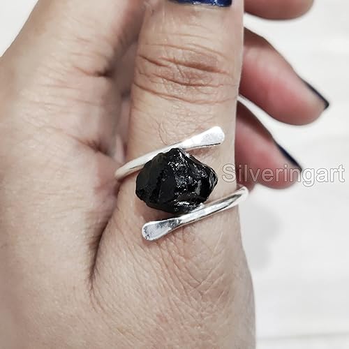 Miniatura 4 de Natural Black Tourmaline Ring, Rough Tourmaline Ring, October Birthstone, Cross Band, 925 Sterling Silver, Womens Ring, Christmas, Thanksgiving,