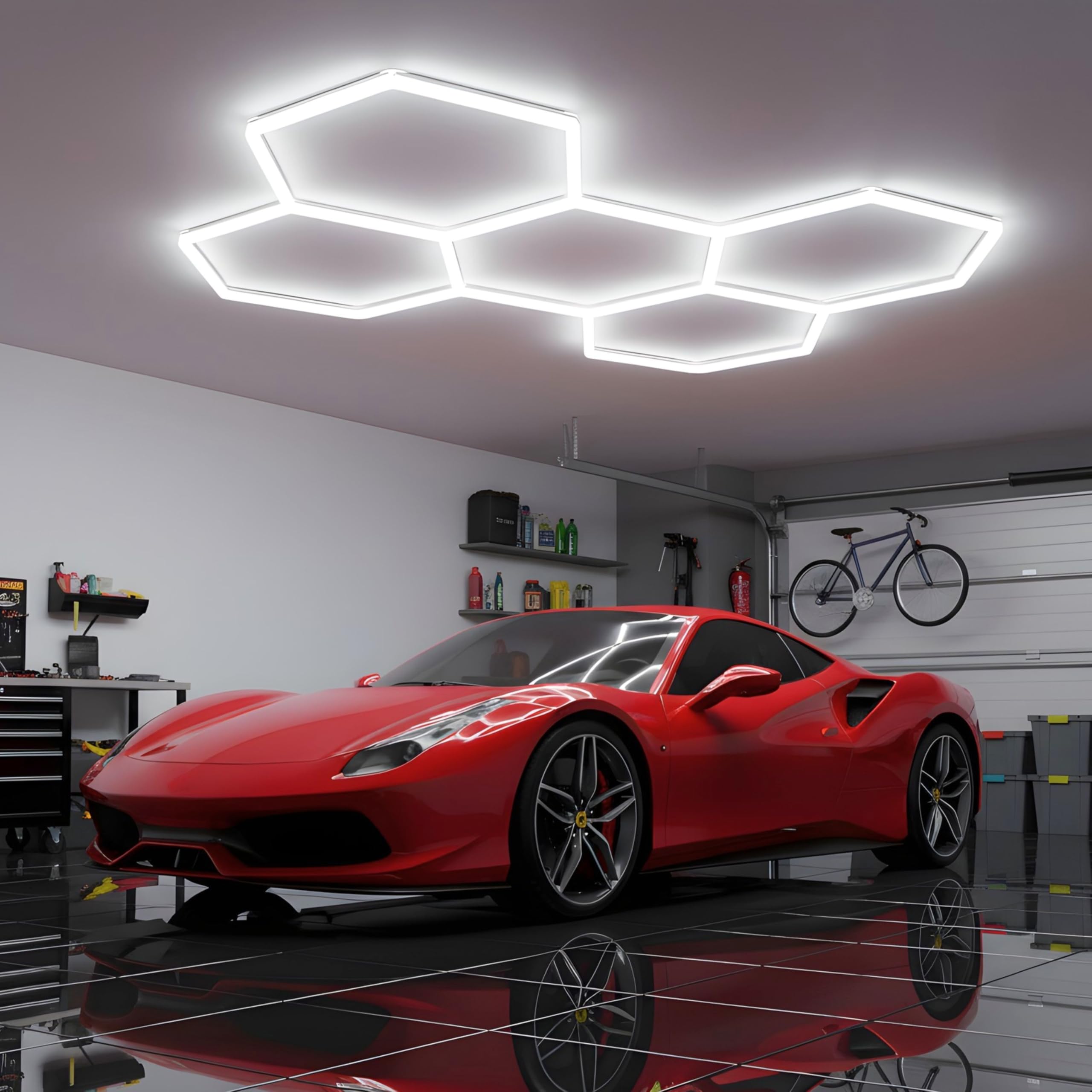 YASTA Plafoniera LED Esagonale 5 Esagoni Garage 168W Luci a Nido D'Ape | Luce Fredda 6500K, Sistema di Illuminazione Modulare Esagonale, Uktra Luminosa, Officina, Palestra e Negozi