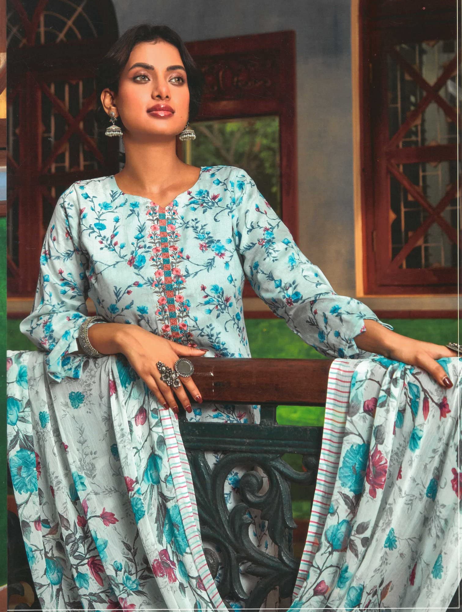 ladyline Lässiger Damen-Anzug, bedruckt, bestickt, Salwar-Kameez, mit Baumwoll-Dupatta und Hose