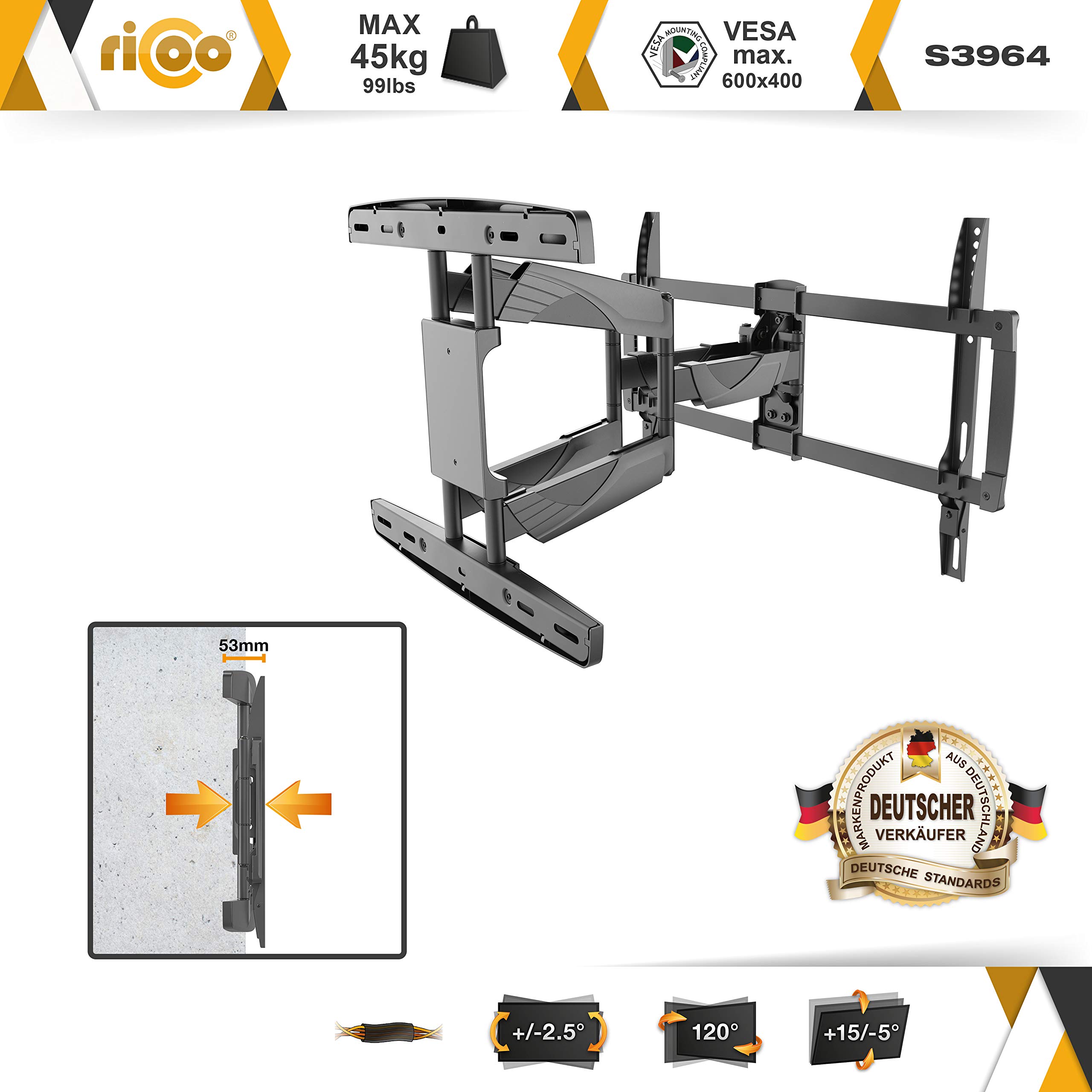 RICOO Supporto TV parete N2144 Inclinabile Fisso Televisore 32-65 (81-165 cm) Staffa universale Televisione LED/LCD/Curvo VESA 200 x 200-400 x 400