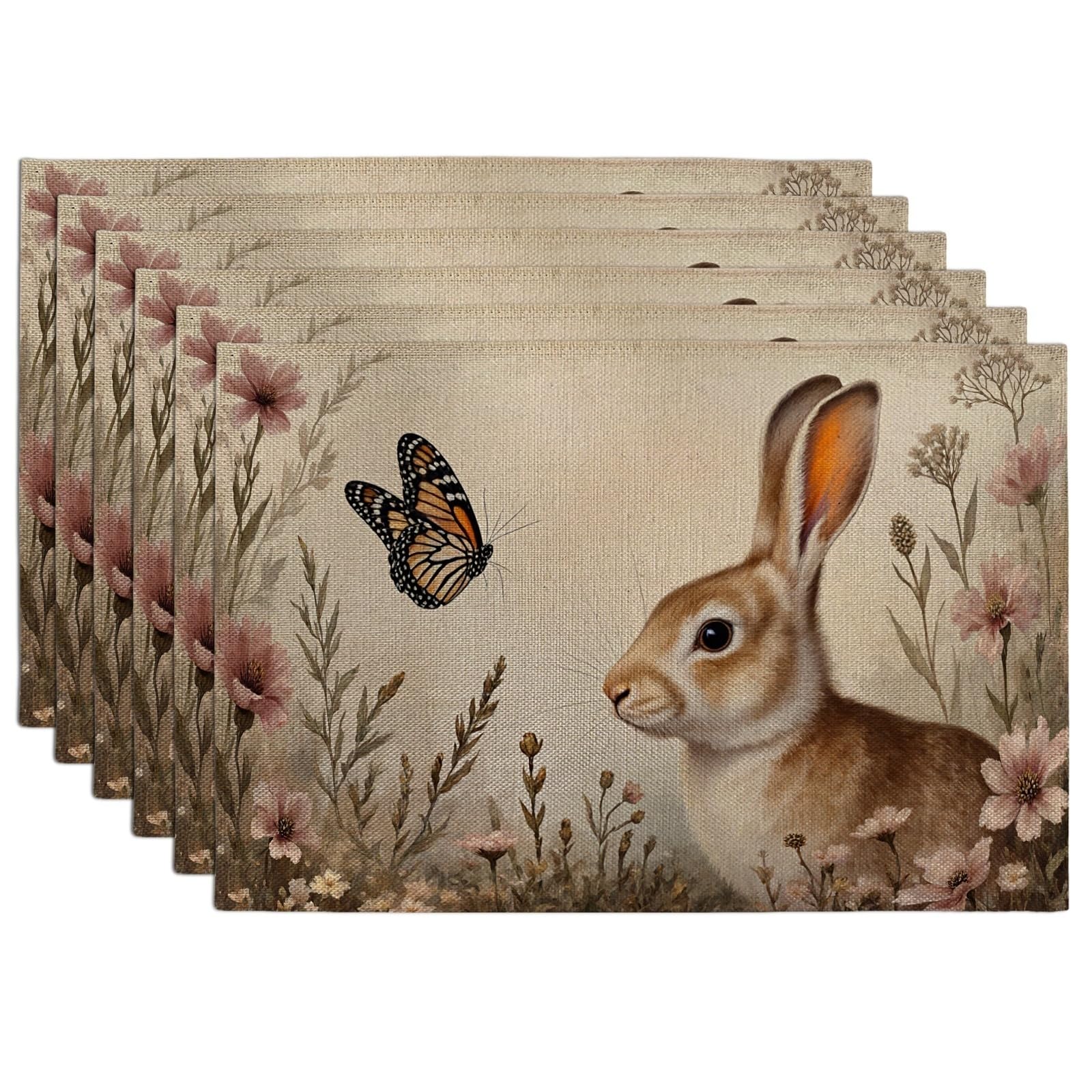 Botanical Rabbit Placemats, Vintage Floral Design Table Mats for Dining, Spring Seasonal Washable Non-Slip Indoor Outdoor Decorative Placemat Set of 6