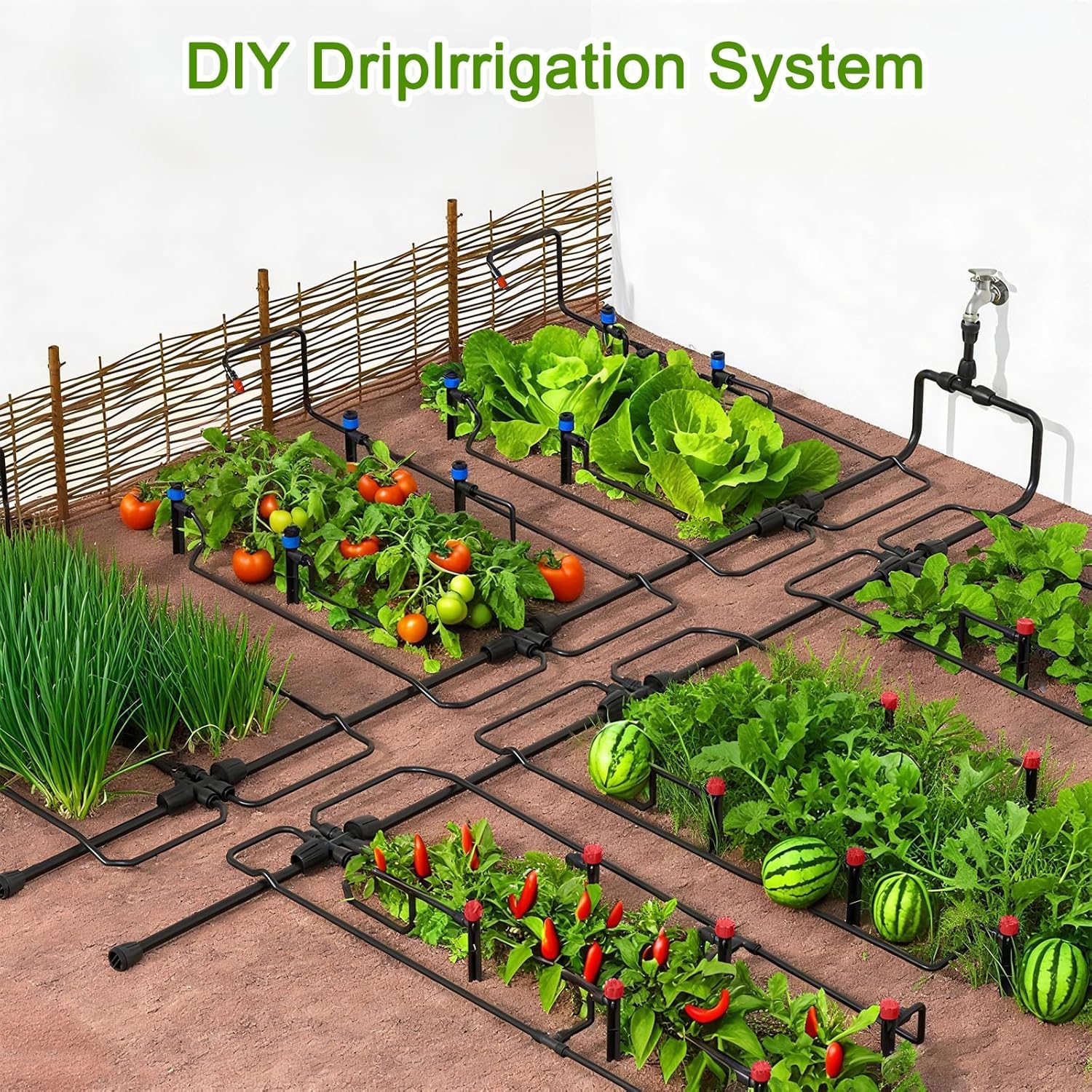 Set di irrigazione a goccia automatico, 60 + 12 m, tubo principale da 8/11 mm, da giardino | Controllo intelligente, utilizzabile universalmente su terrazze, prati e serre