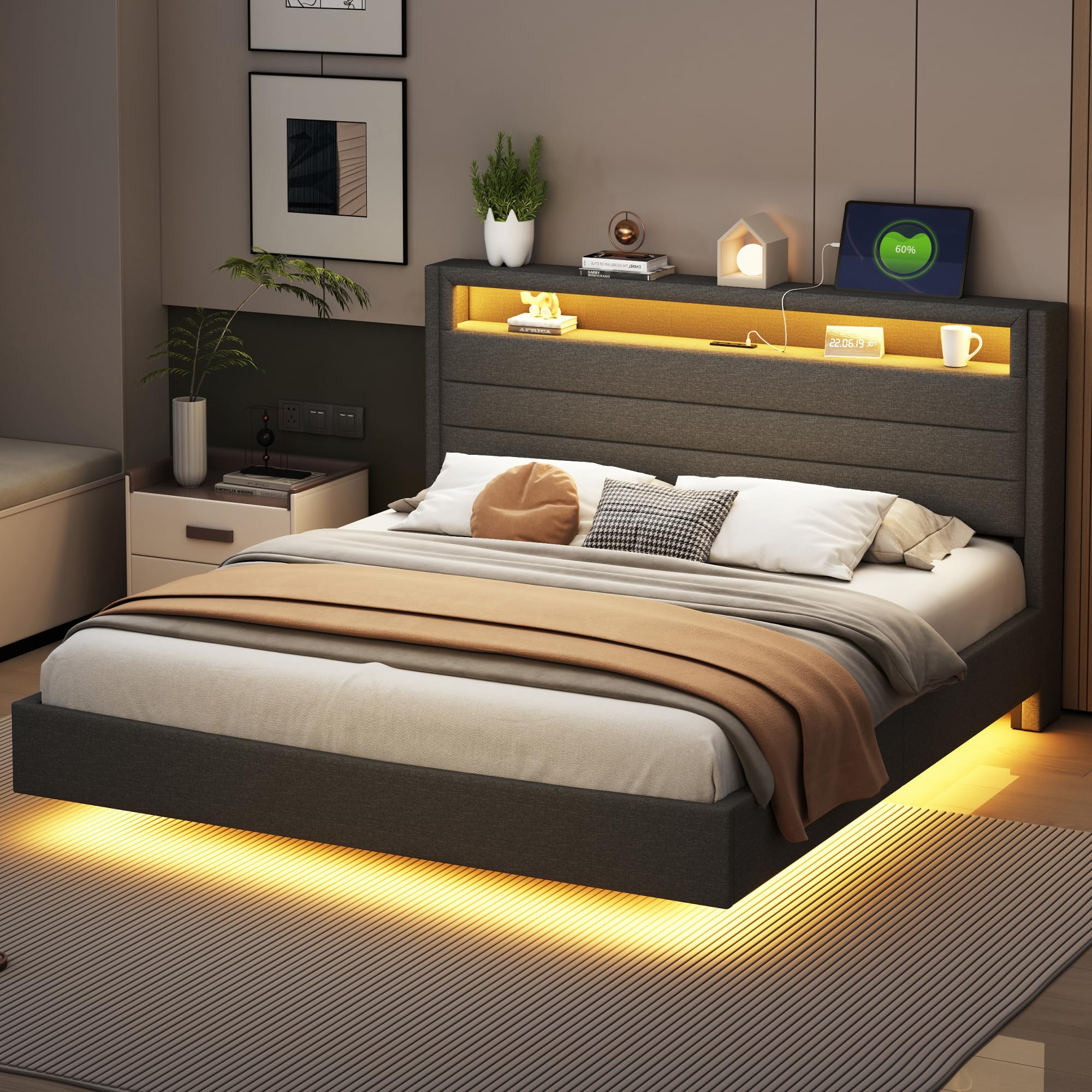 Moimhear Upholstered Bed 160 x 200 cm with USB Plug and LED Light, Reversible and Hidden Headboard, Double Flat, Youth and Adult, Linen