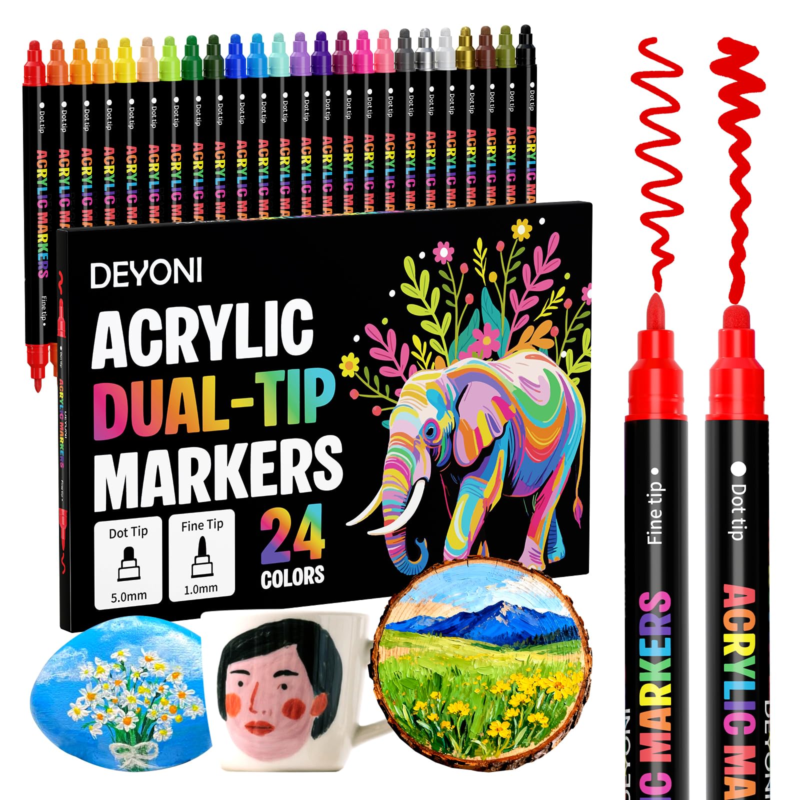 24 Colors Acrylic Paint Markers, Dual Tip Acrylic Paint Pens Markers for Rock, Fabric, Wo…