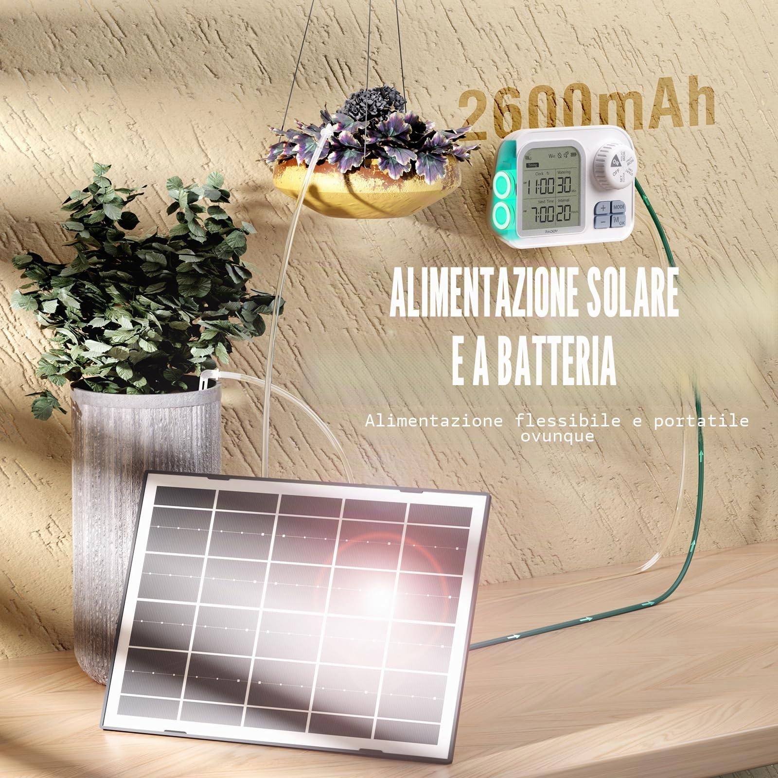 Raddy WS-7 Irrigazione automatico solare, Sistema di irrigazione per 15 piante in vaso, Rilevamento automatico dell'umidità del terreno, 2600 mAh batteria, IPX7 per interni ed esterni, balconi