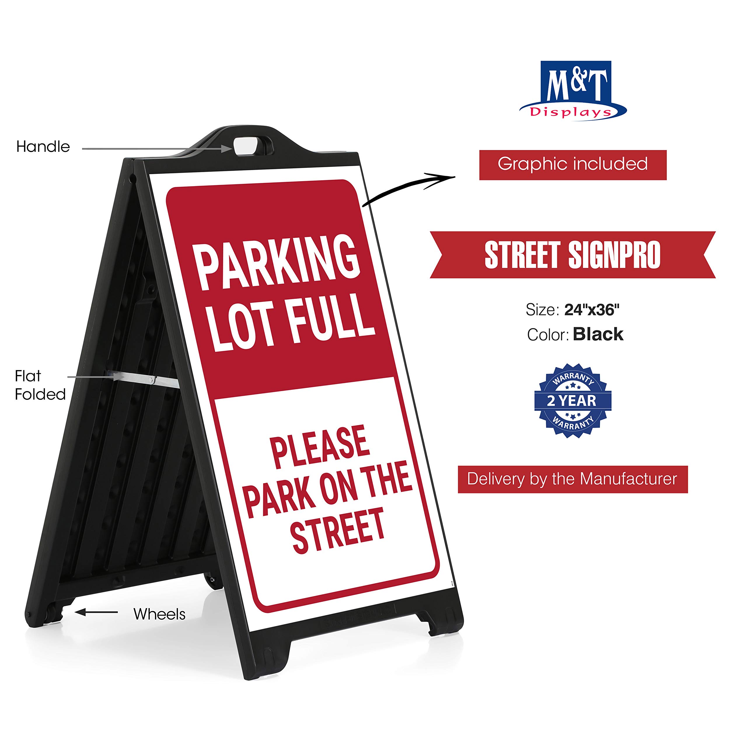 M&T Displays Black Street SignPro Board, płyta chodnikowa, odporna na warunki atmosferyczne, z 2 naklejkami 61 x 91,4 cm, laminat, matowa, antyrefleksyjna, parkingowa, składana,