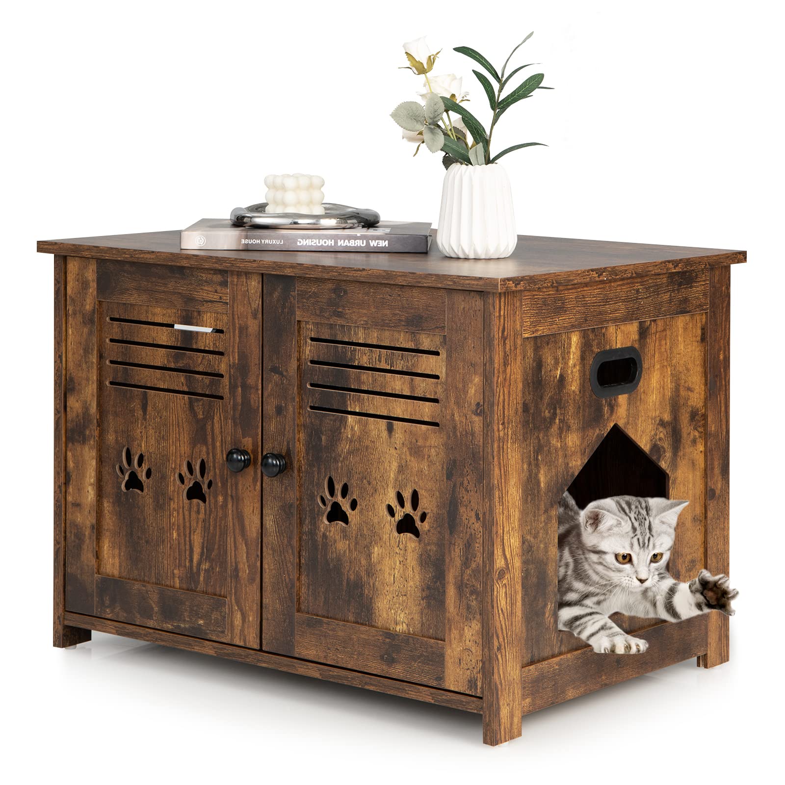 GOPLUS Katzenschrank, Katzentoilette mit seitlichem Eingang, 2 Türen, 2 in 1 Katzenhaus und Couchtisch, Katzenmöbel Industrial-Still für den Innenbereich, für Katzen jeder Größe