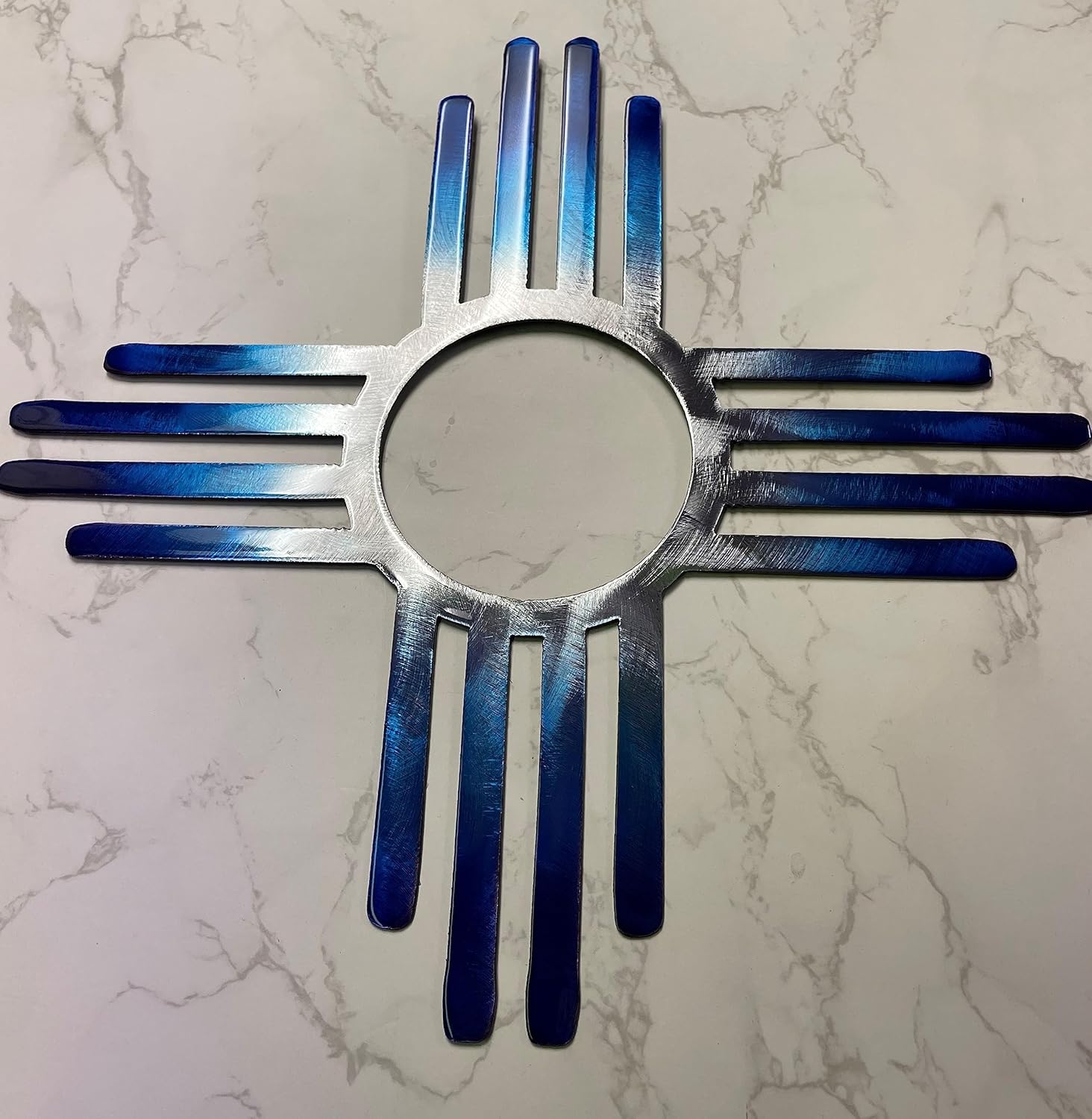 Handcrafted Southwest Zia Wall Art - Blue Tinged Polished Steel Finish (14" x 14")