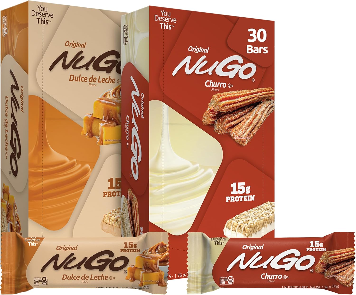 NuGo Protein Bar, NEW! Dulce De Leche 15 bars & Churro 15 bars, 15g Protein, Gluten Free, 30 Count