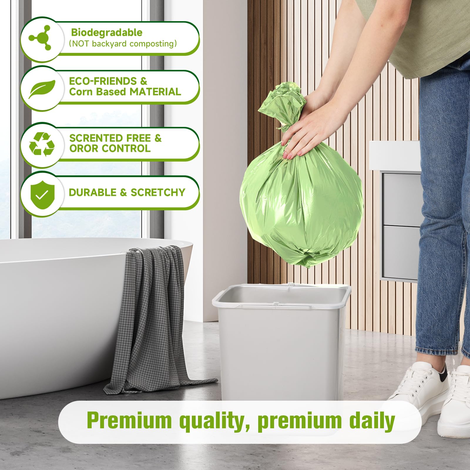 Rishipahu - Bolsas de basura pequeñas de 4 galones, 200 unidades, biodegradables, color verde, bolsas de basura para baño, oficina, dormitorio, bolsas de basura, sin perfume, 15 litros
