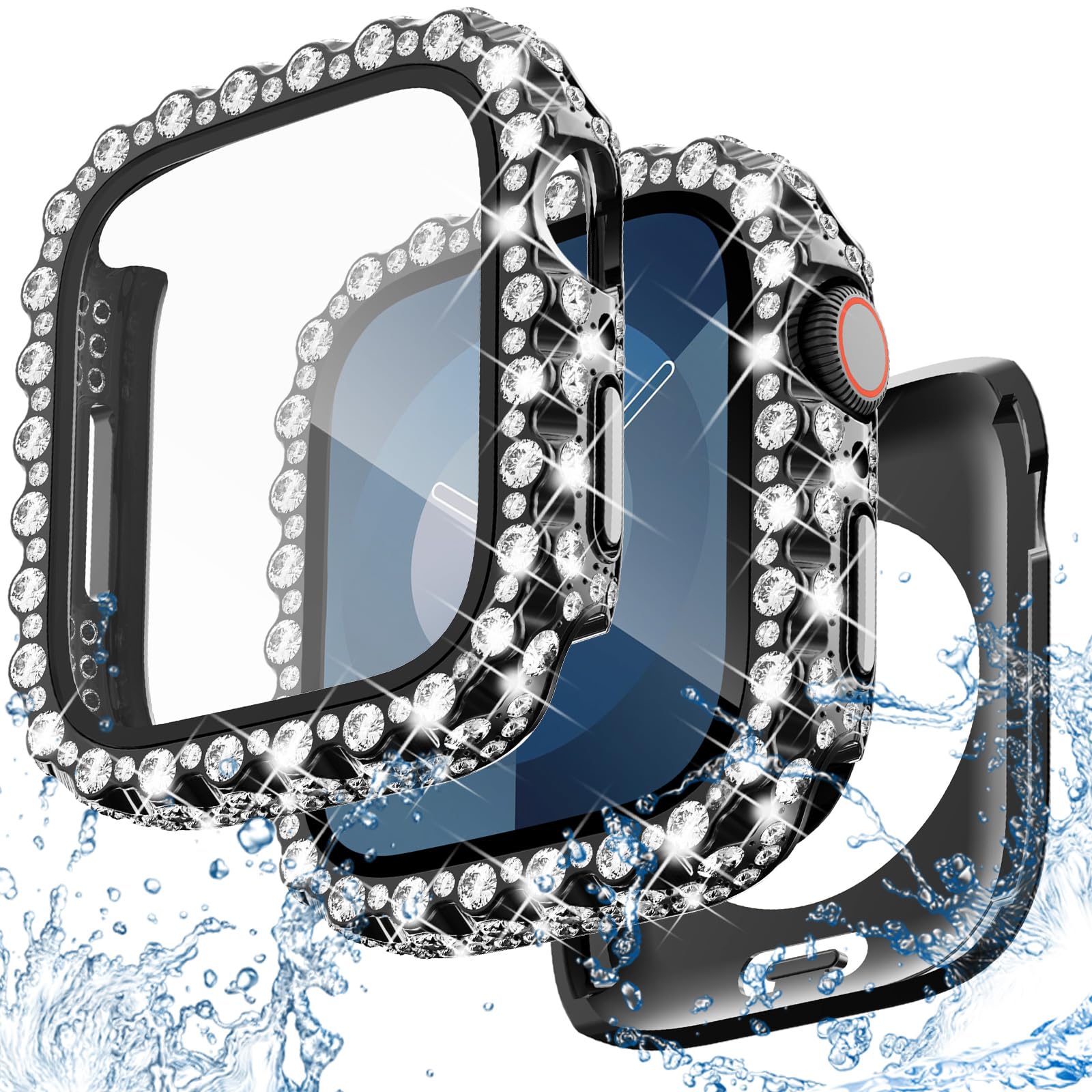 NewWays 2 in 1 Waterproof Bling Case 44mm for Apple Watch Screen Protector SE Series 6 5 4, Lace Full Glitter Diamond Rhinestone Bumper Face Cover for