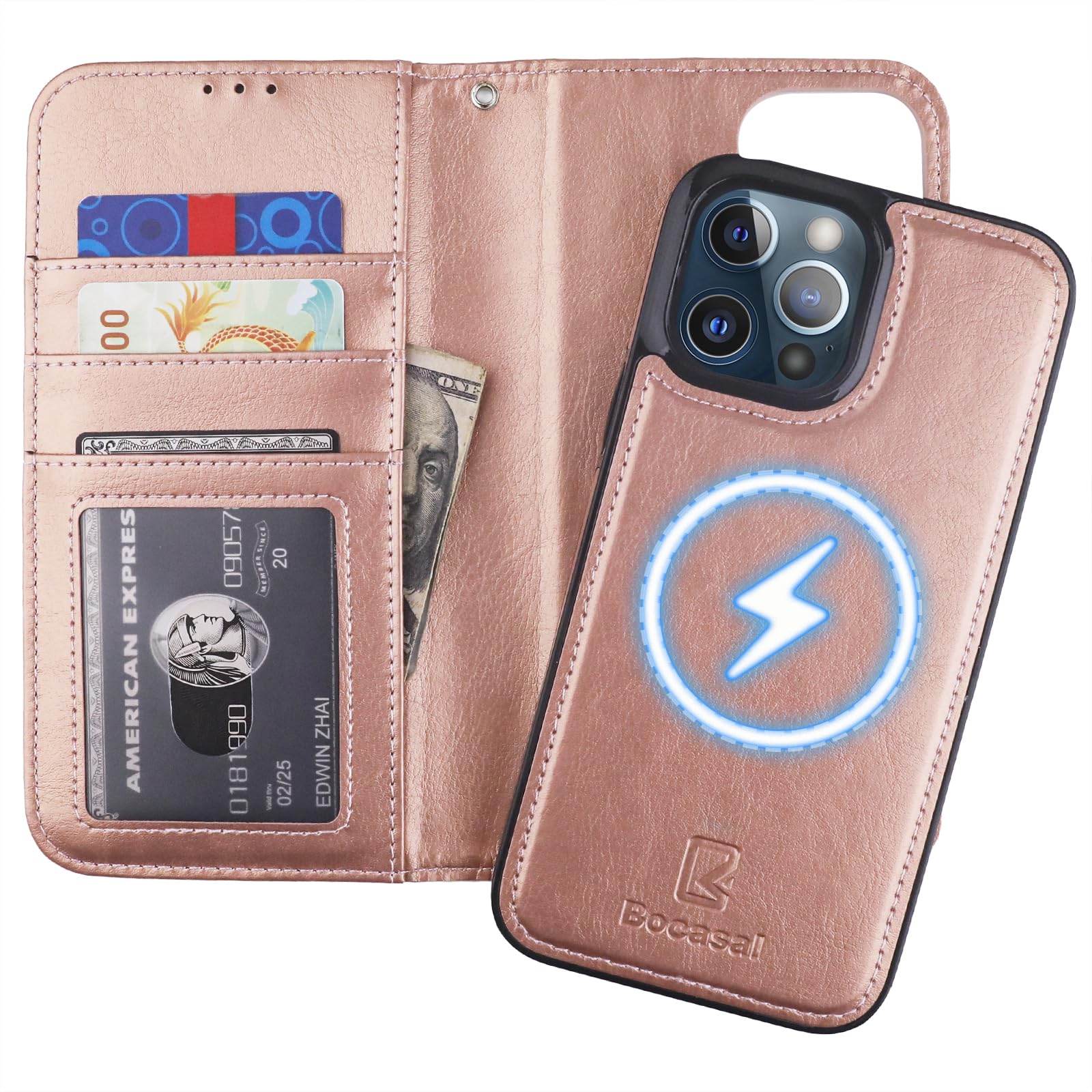 Bocasal for iPhone 13 Pro Max Wallet Case Compatible with MagSafe Wireless Charging, RFID Blocking Magnetic Leather Case with Card Slots Holder