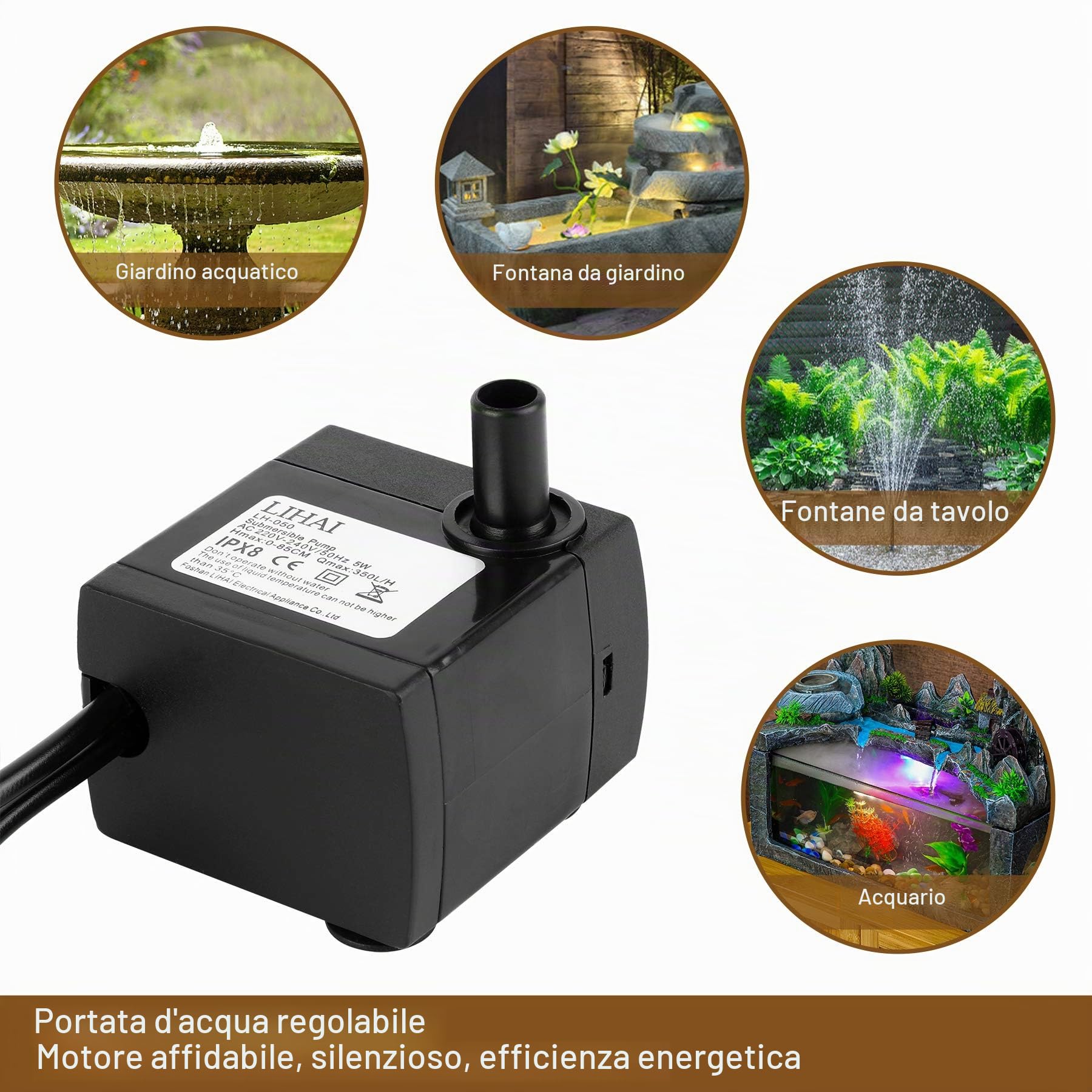 Mini pompa dell'acqua con 4 luci LED, 350 l/h 3,5 W, pompa dell'acqua per giardino, fontana, giardino roccioso, pompa per acquario, pompa sommergibile, altezza massima 0,85 m