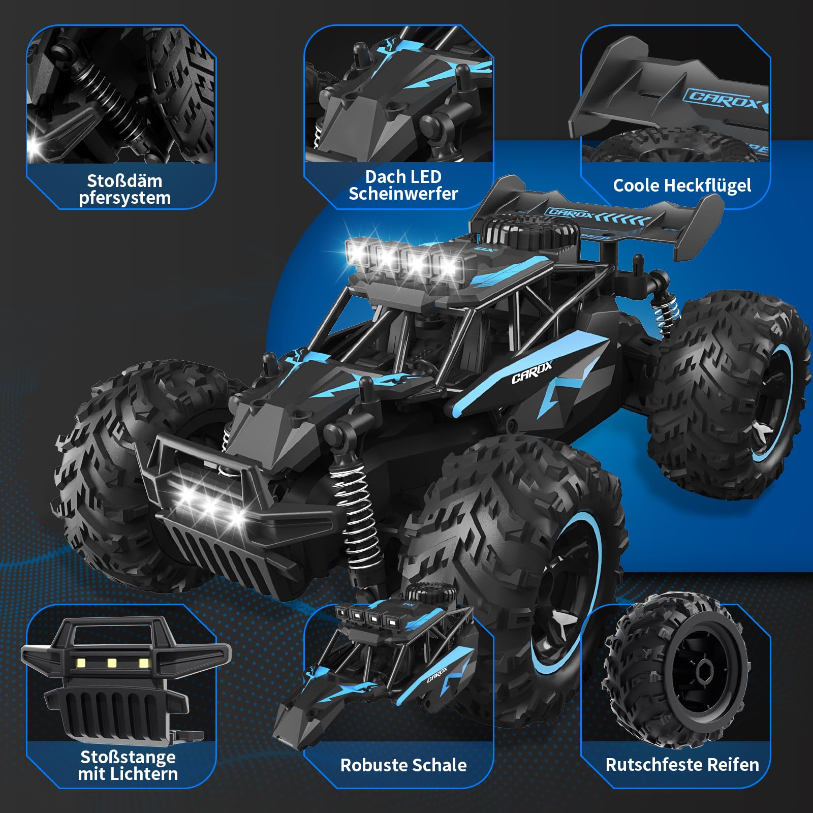 Carox Ferngesteuertes Auto,2.4 GHz 25 km/h RC Auto,1:18 Off Road Monstertruck mit Scheinwerfer und Fahrgestellbeleuchtung Crawler Truck Spielzeug