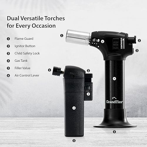 Miniatura 2 de GrandTies Juego de soplete de butano culinario de 3 modos de llama + encendedor, antorcha de mano de cocina con bloqueo de seguridad y llama