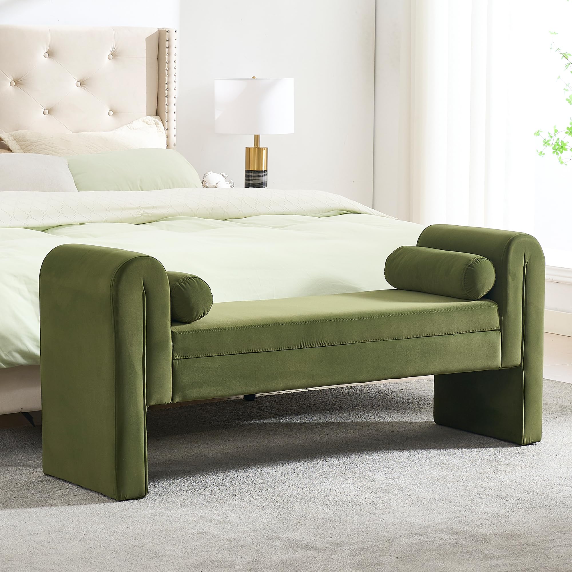 Hdxdkog Storage Bench for Bedroom End of Bed, Velvet Upholstered Rolled Armed Button Tufted Sofa Stool Bench, Storage Ottoman Couch Long Bench with Solid Wood Legs (): Green-60.5 Inch