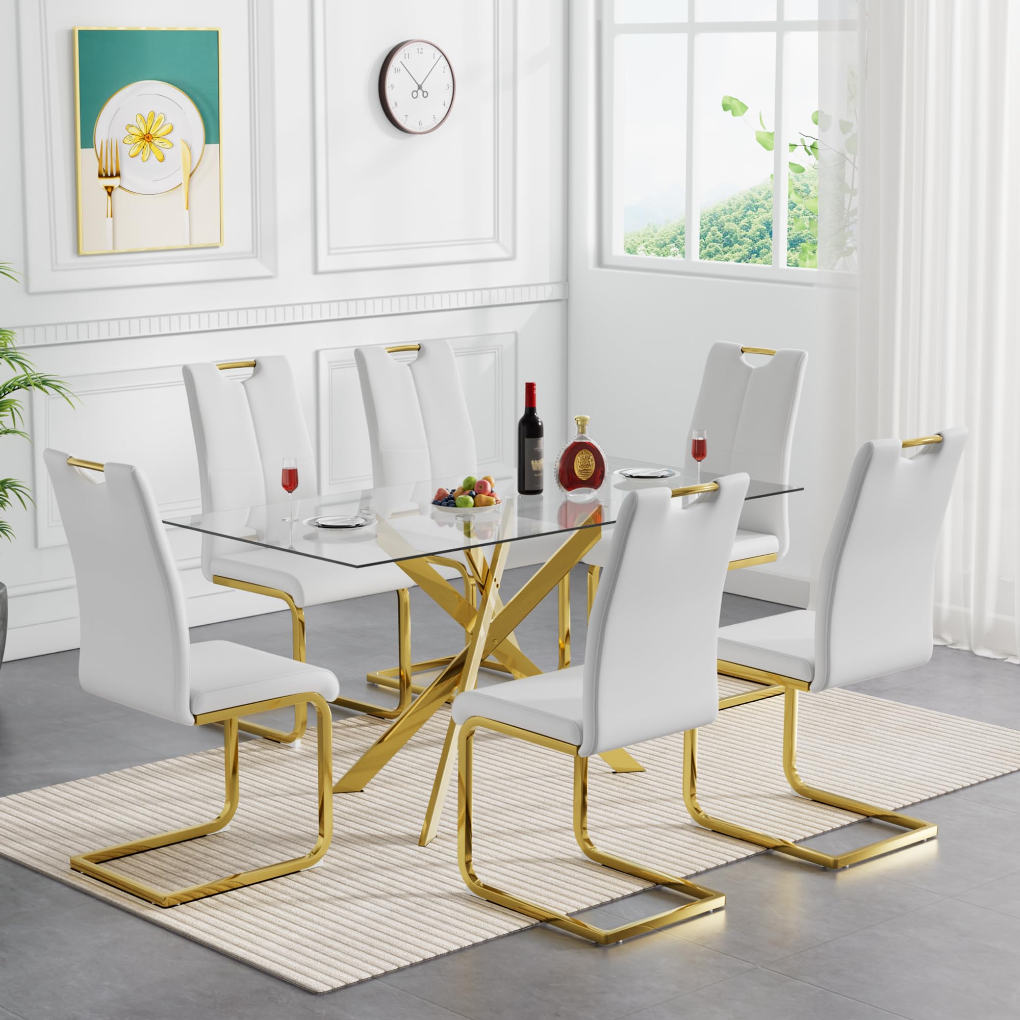 Amazon.com - Henf Glass Dining Table Set for 6, 7 Piece Modern Kitchen ...