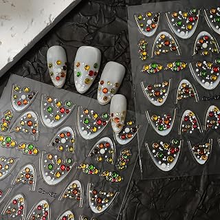 French Tip Nail Stickers for Nail Art Yellow Green Red Gems Design 5D Nails Decals Self Adhesive Colorful Rhinestone French Nails Art Stickers for Women Luxury Manicure Decoration Accessories 1pcs
