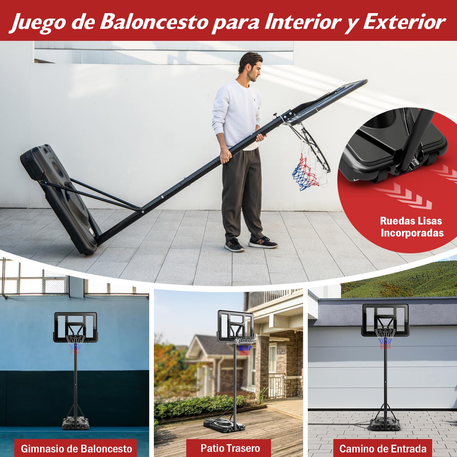 COSTWAY Canasta de Baloncesto Adultos, Altura Ajustable de 9 Niveles, 230-305cm, Aro Baloncesto Exterior con Ruedas, Canasta de Baloncesto Interior Exterior